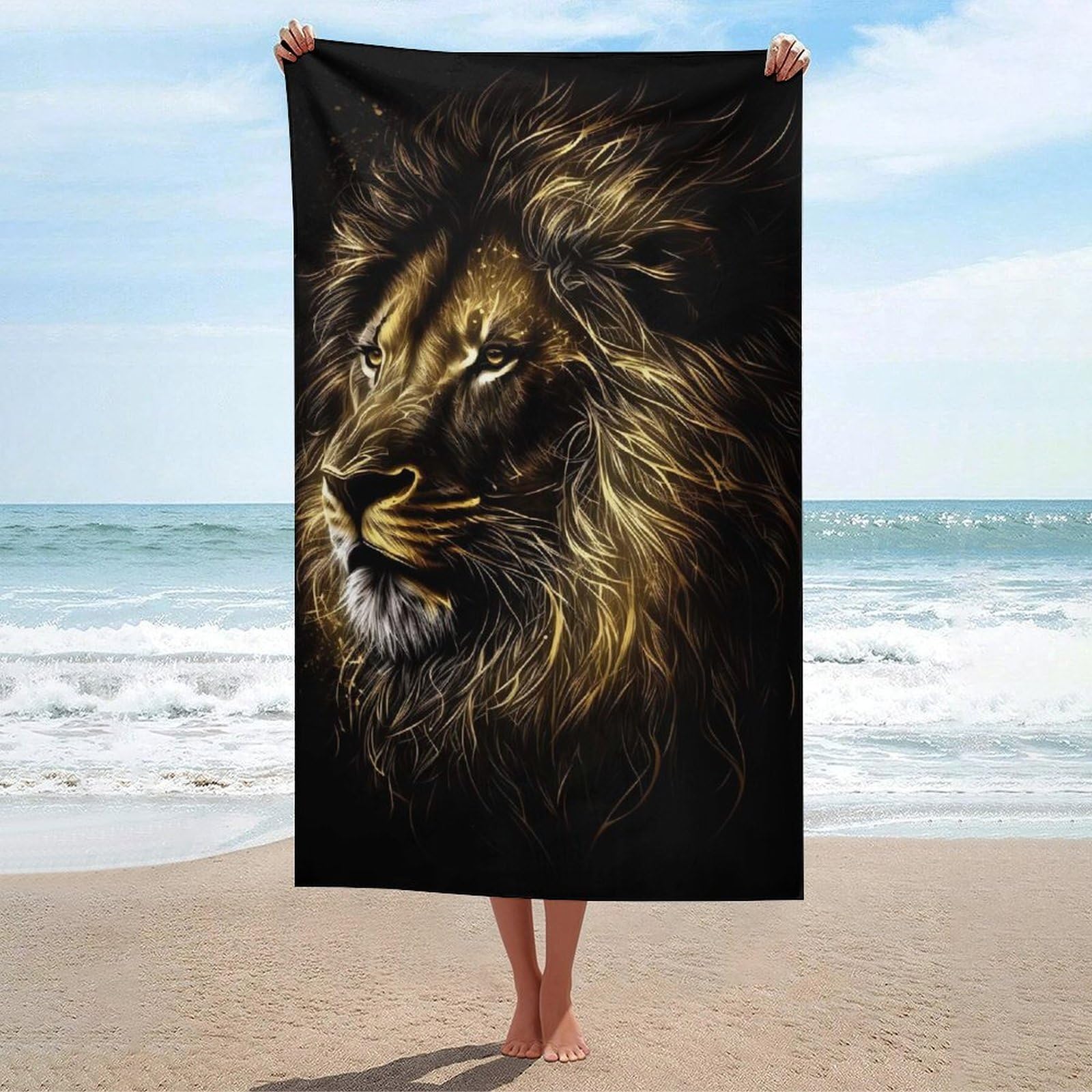 Lion Black Gold Dark BG Basics Towel Set Sand Free Quick Dry Absorbent Compact Beach Towel for Spa Gym Hotel 130cm*80cm