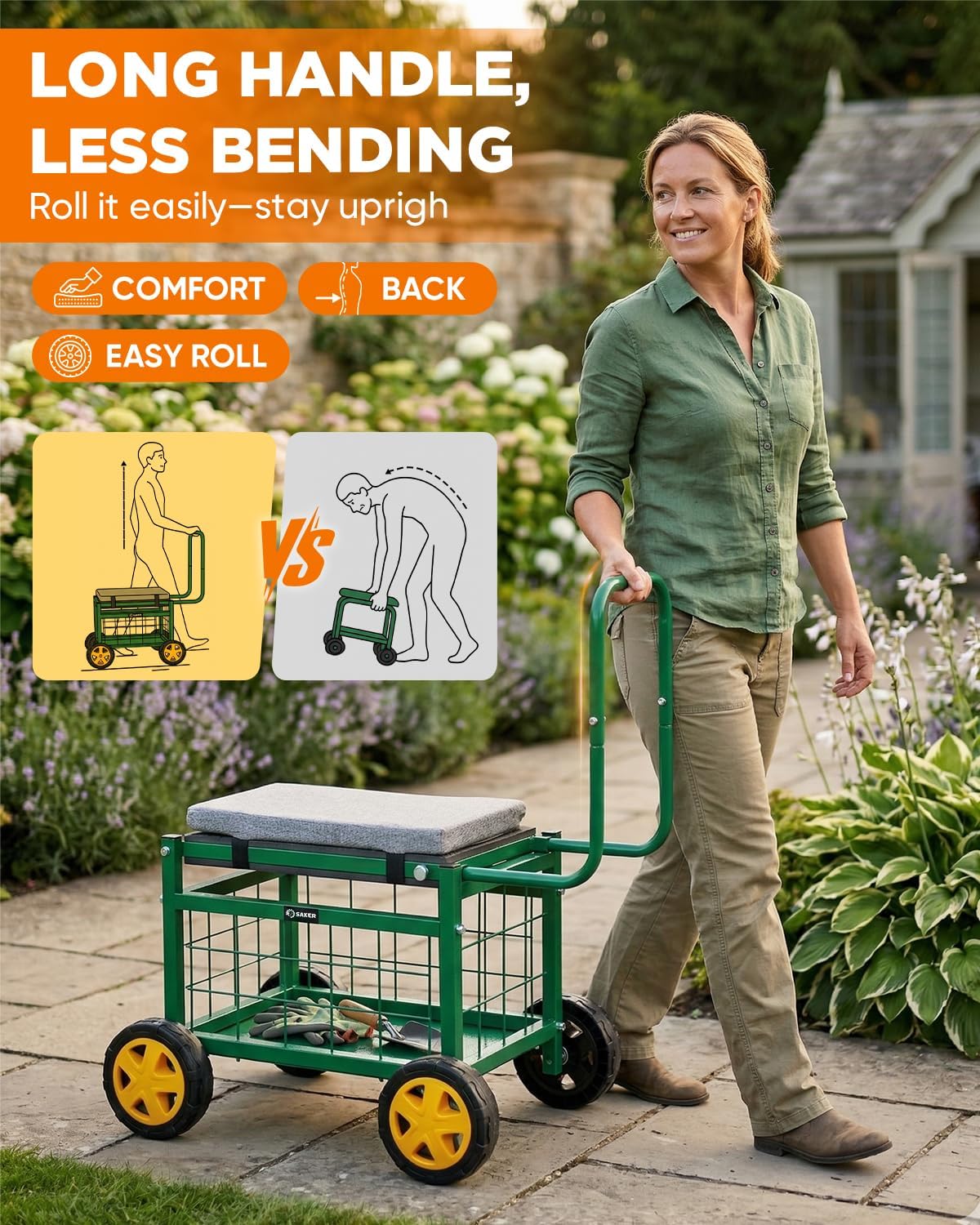 Saker Rolling Work Seat with Wheels - 15.7'' EVA Padded Stool, 400 lb Steel Frame, Large Storage Basket - Patio Lawn Backyard Cart for Gardening Tasks (Basic Version)
