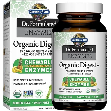 Garden of Life Dr Formulated Digestive Enzymes with Papain, Bromelain, Lipase for Digestion & Nutrient Absorption – Organic Digest+ - Vegan, Gluten-Free, Non-GMO, Tropical Fruit Flavor, 90 Chewables