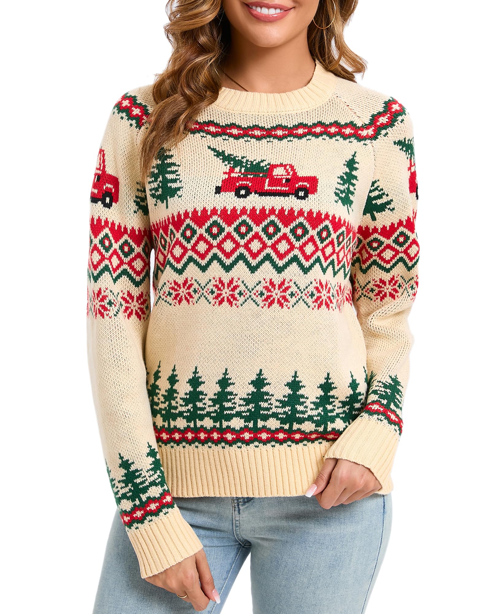 Women Thick Chunky Knit Sweater Trucks Snowflake Cedar Christmas Sweaters Holiday Pullover