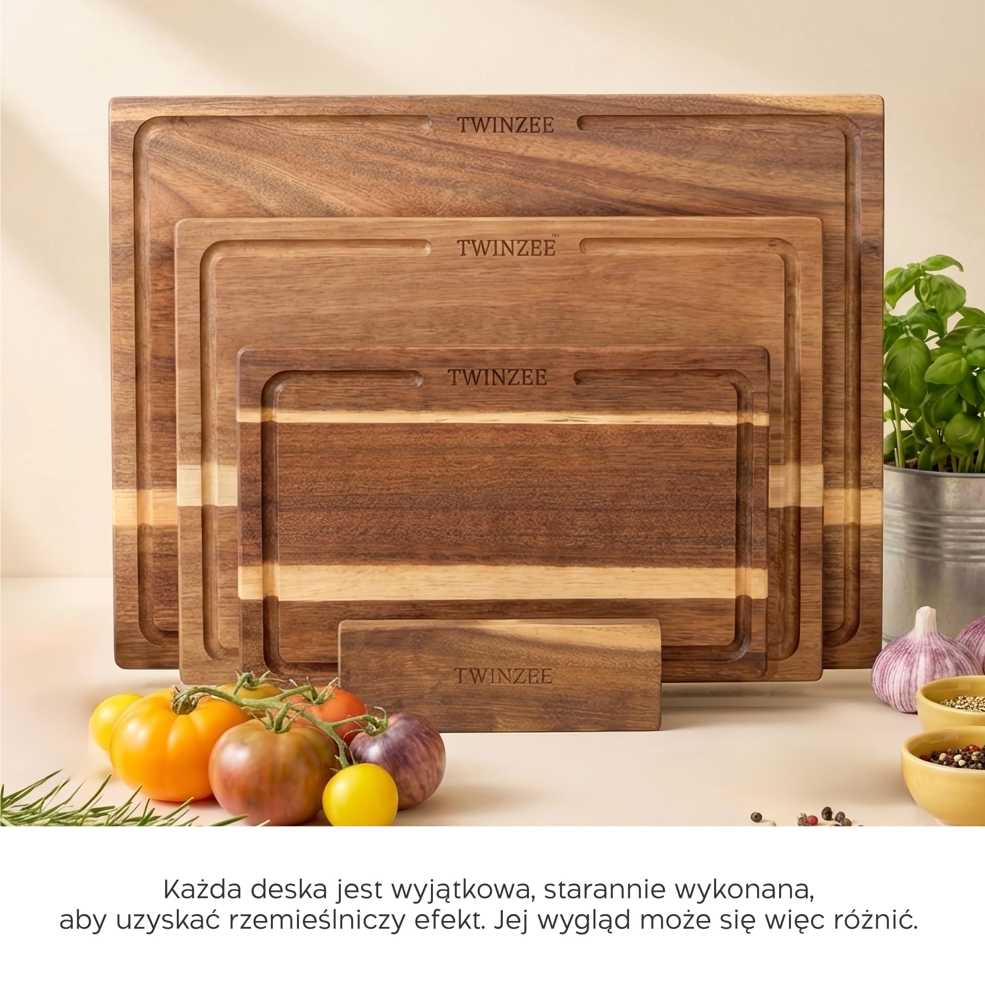 Twinzee 3 deski do krojenia (40 x 30/33 x 24/26 x 18 cm) z litej akacji – drewniana deska do krojenia ze stojakiem, grubość 2 cm, z rowkiem na sok