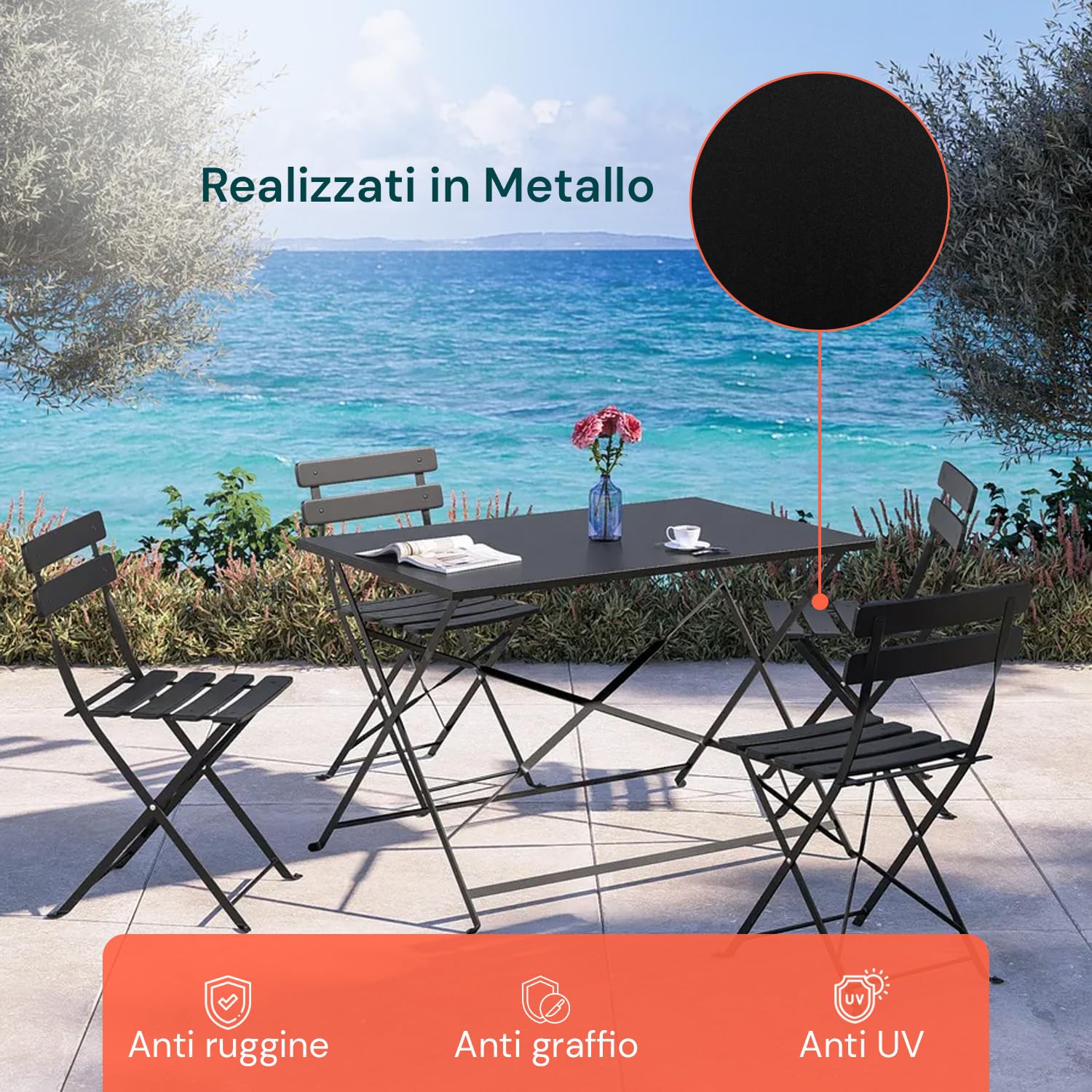 Avilia Salotto da Giardino Esterno Koby Double – Set Tavolo e Sedie da Esterno Pieghevoli in Metallo Antracite, 4 Sedie Ergonomiche e Tavolo Multifunzionale, Design Compatto e Resistente