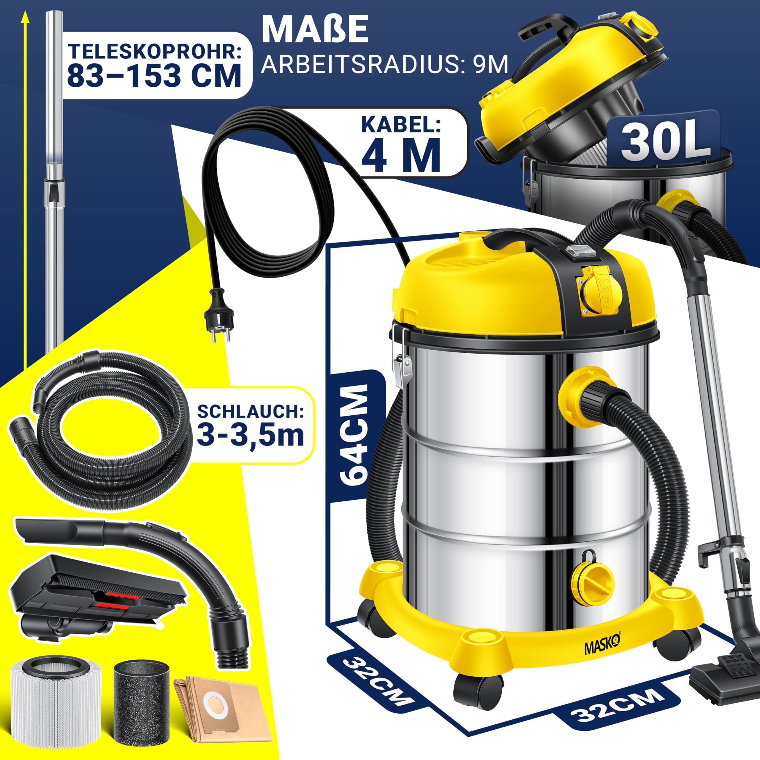 MASKO Industriestaubsauger Nass Trocken Sauger Edelstahl 2300W Steckdose Blasfunktion Push&Clean beutellos