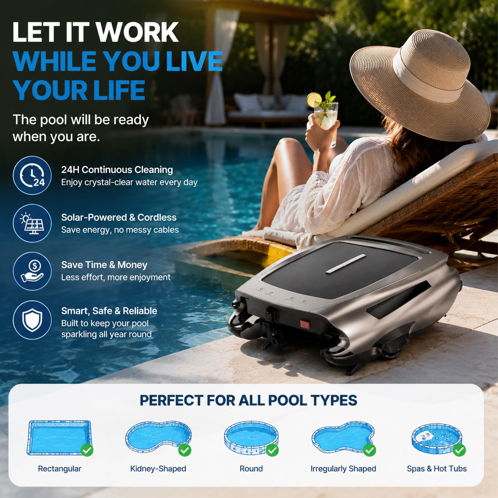 Skimmer para Piscina Alimentado por Energía Solar | Acoplamiento Automático En Bordes, Modos De Carga Dual, Filtración De 450 Μm; Para Piscinas Elevadas