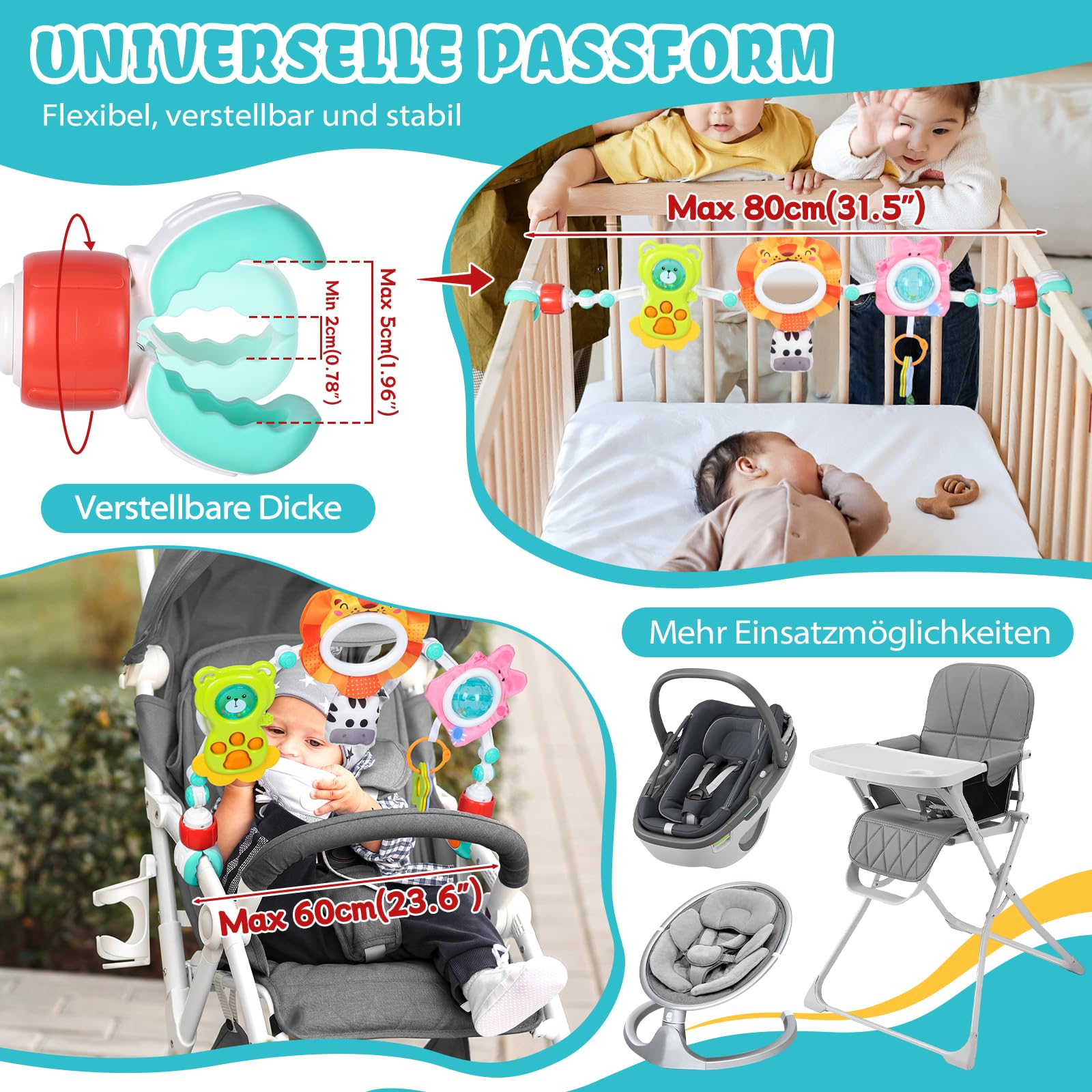 Orzbow Spielbogen Baby, 6-in-1 Kinderwagen Spielzeug Baby mit Sensorik Spielzeug zur Entwicklung motorischer Fähigkeiten, Mobile für Kinderbett, Babywippe & Babyschale für 0-12 Monate, Löwe