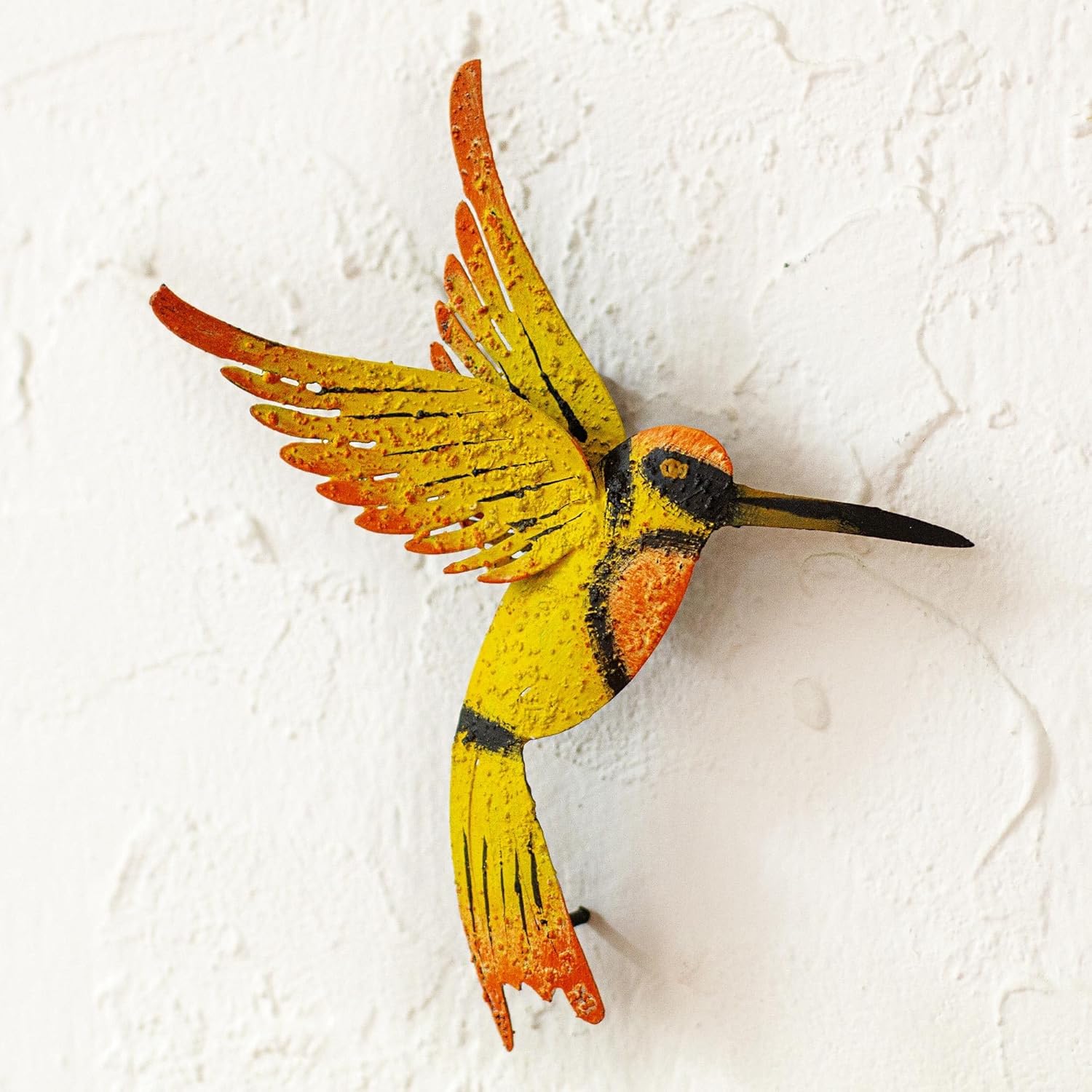 NOVICA Animal Themed Steel Iron Wall Mural, Yellow 'Little Yellow Hummingbird'