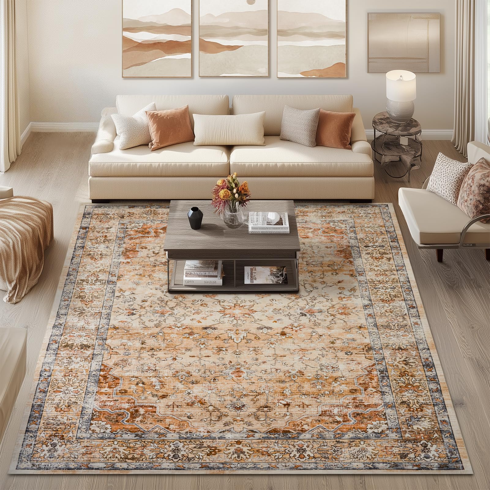 Topfinel Alfombra Vintage Naranja 200x300 cm, Alfombra de Pelo Corto Estilo Bohemio Oriental, Lavable a Máquina, Antideslizante, Suave, para Salón, Dormitorio, Comedor, Oficina