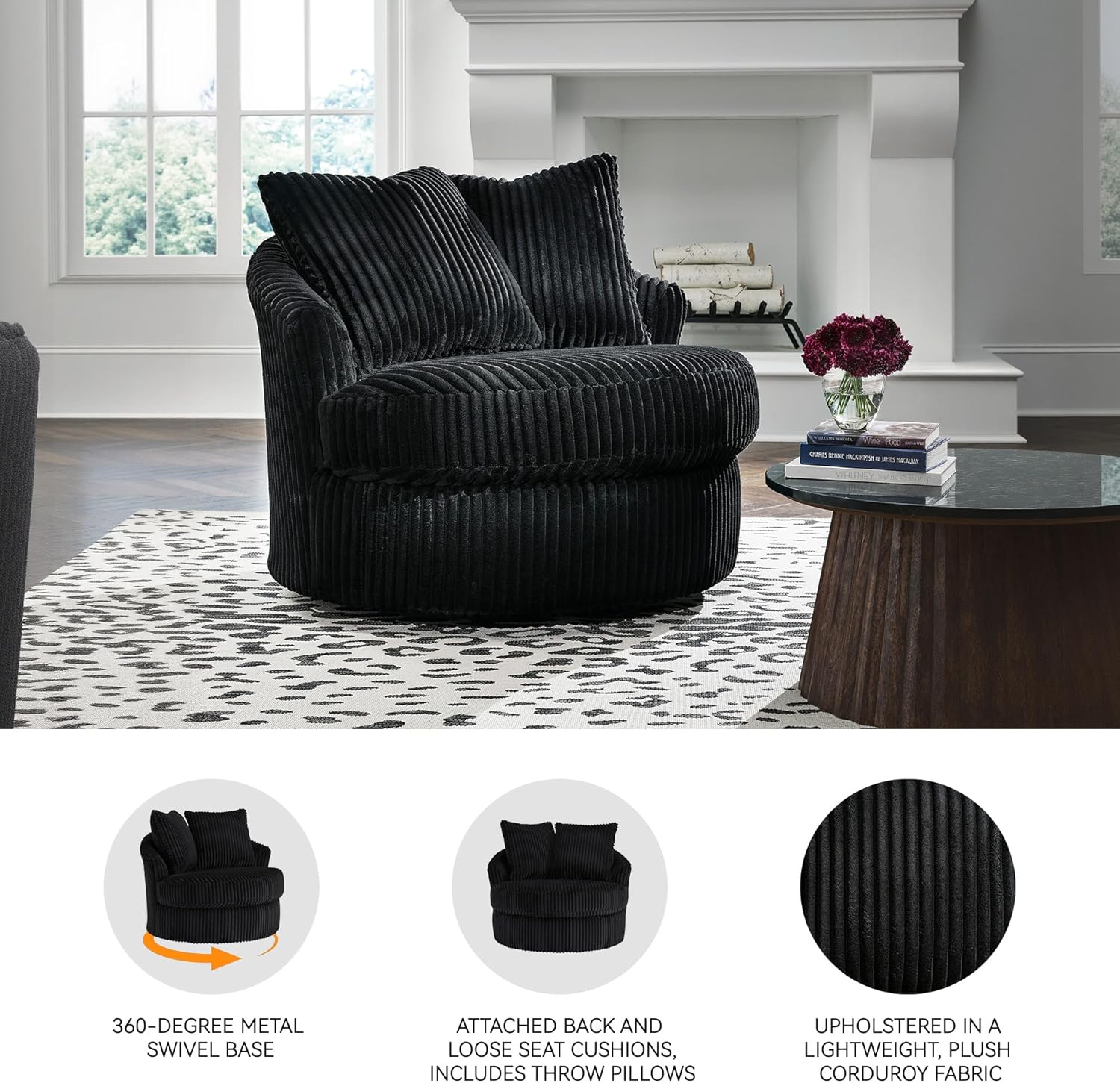 Signature Design by Ashley Gramwell Casual Swivel Accent Chair with Loose Seat Cushion, Black