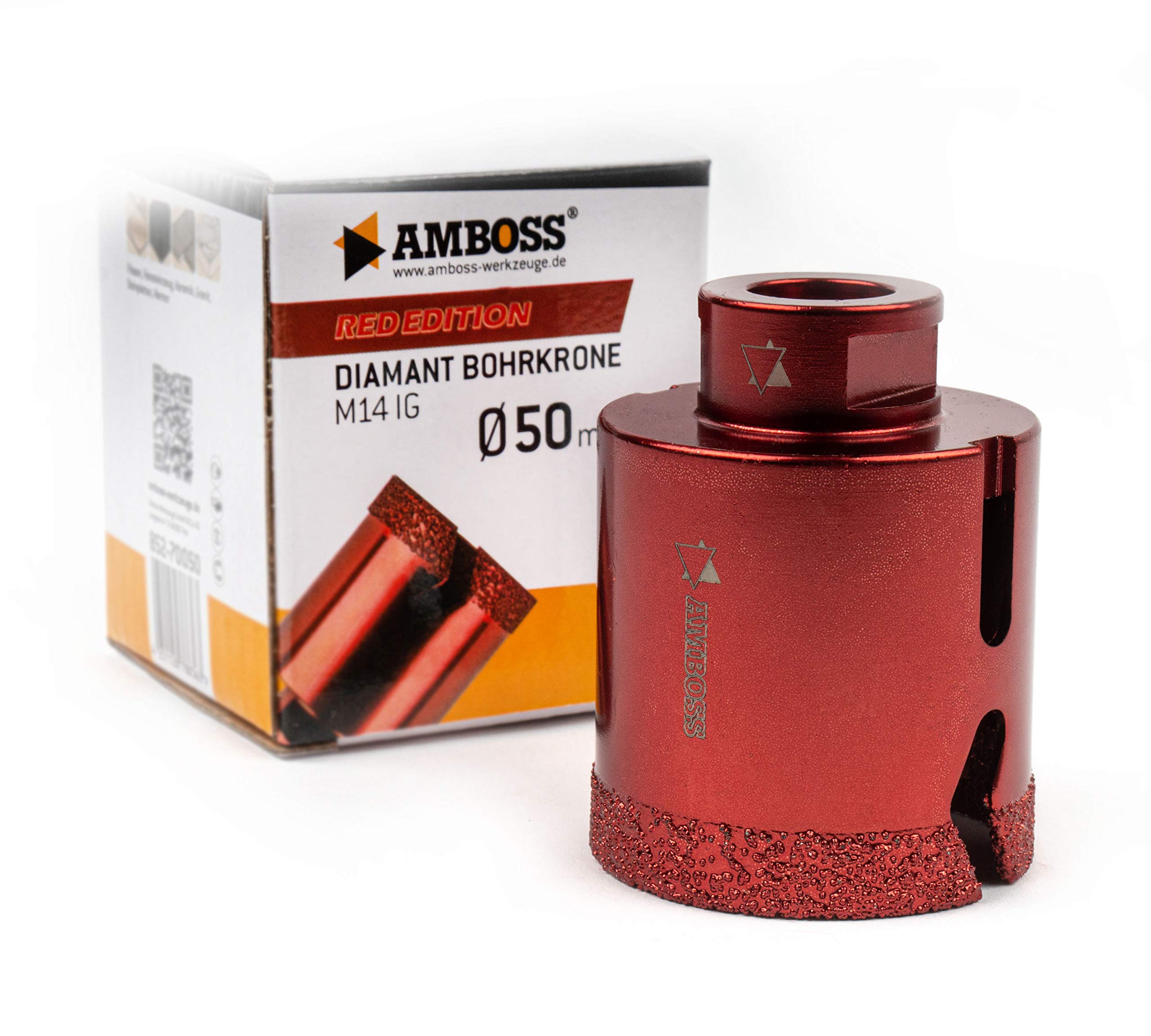 Amboss RED Edition M14 - Corona diamantata per smerigliatrice angolare in gres porcellanato, piastrelle dure, granito/corona di perforazione a secco ideale (Ø 50 mm)