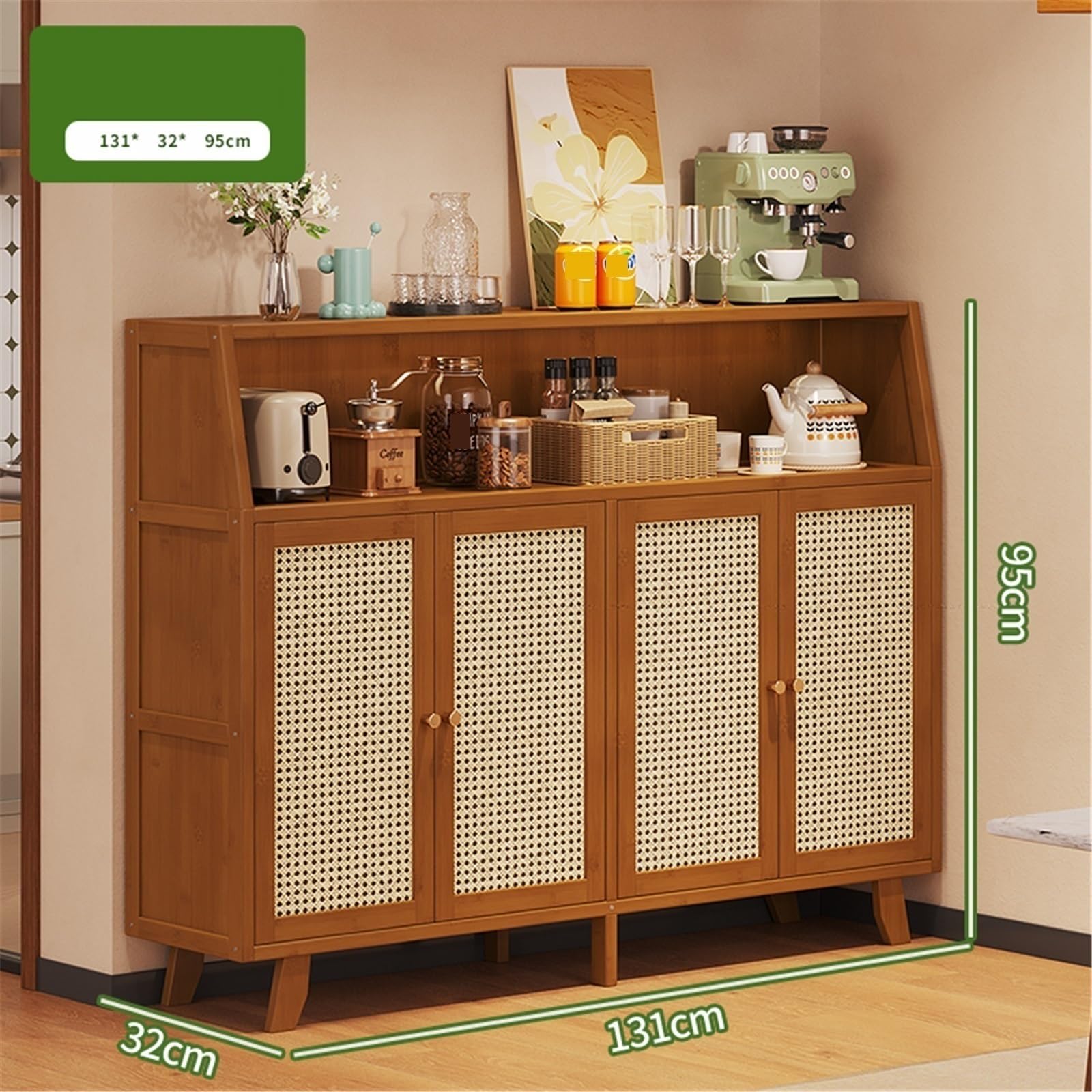 Mueble aparador Aparador de Cocina Estilo Retro for salón, con opción pie o Montaje en Pared, diseño ratán Cuatro Puertas Mesa de Centro Consola