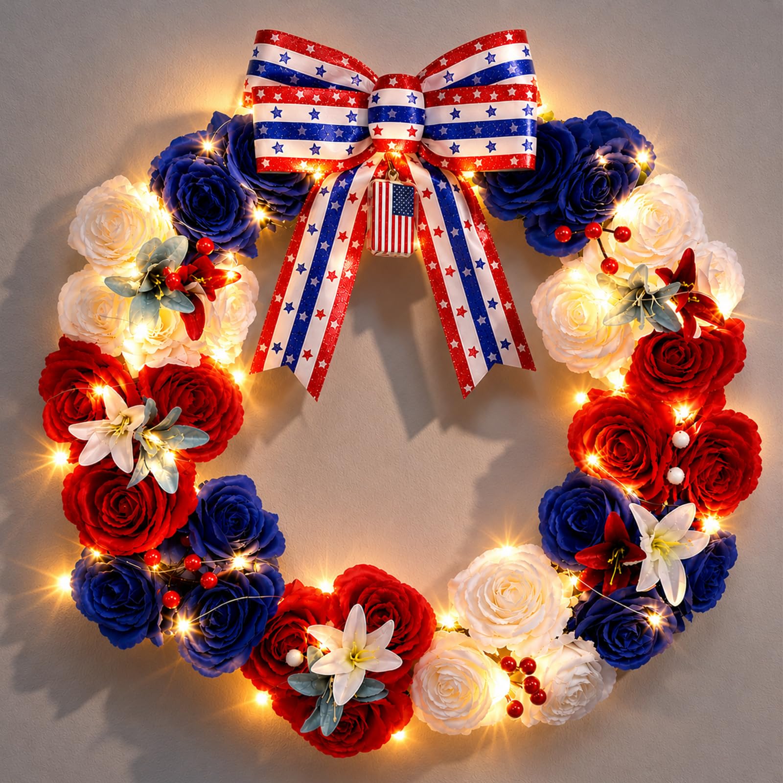 Photo 1 of 9/11 25th Anniversary Lighted Patriotic Wreath with American Flag &Bow