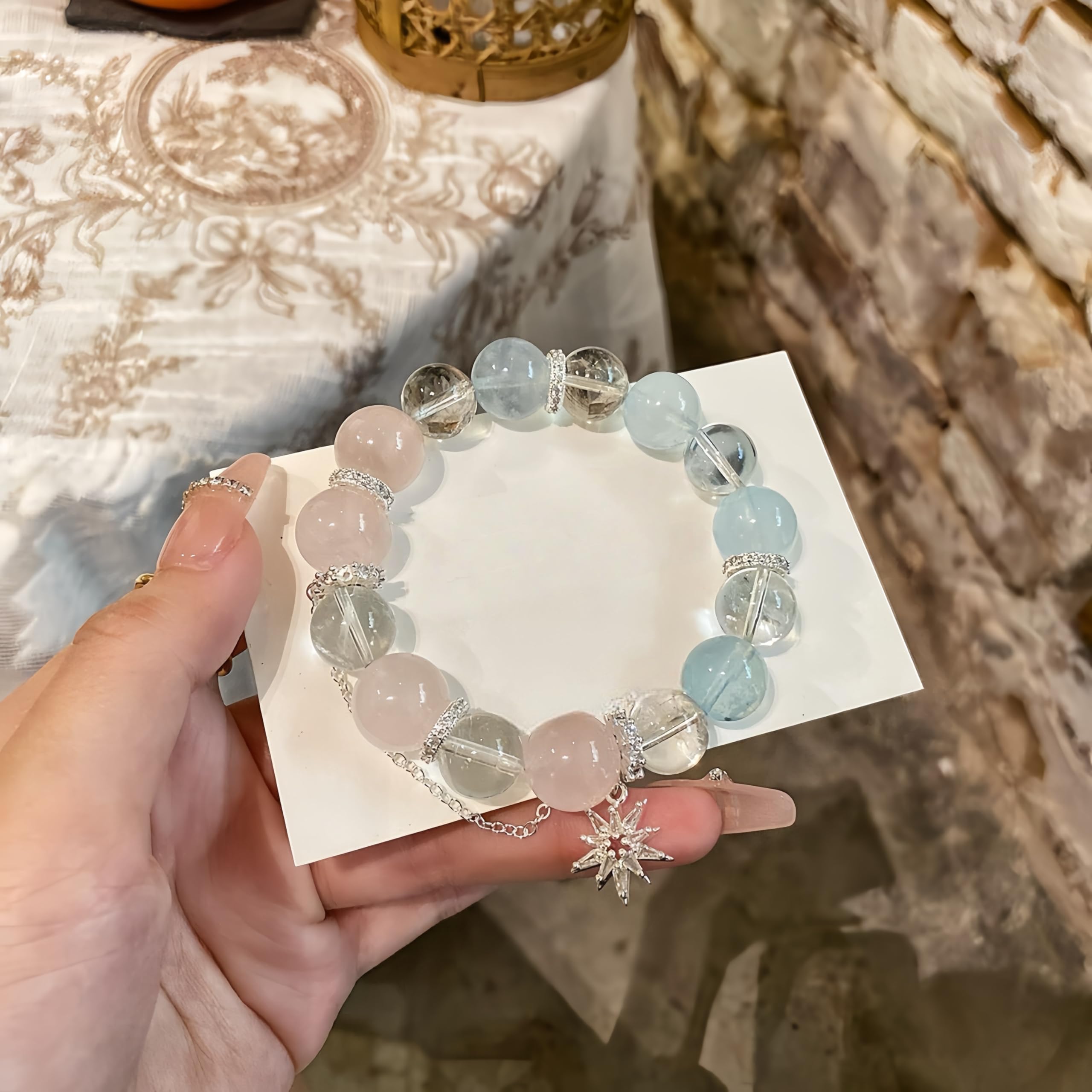 Bracciale Pietre Naturali Donna Bracciale In Cristallo Naturale Da 12mm Con Acquamarina Quarzo Rosa Ametista E Citrino 15 Pezzi