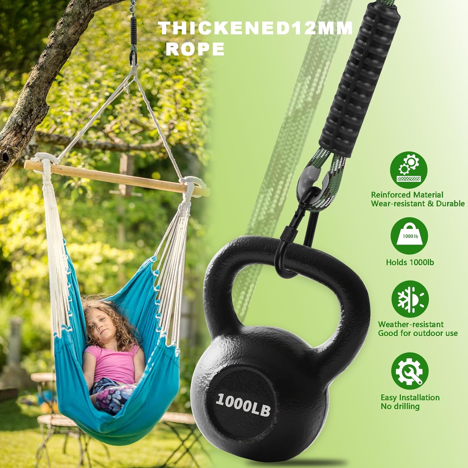 Heavy Duty Tree Swing Ropes, Hammock Tree Straps Hanging Kit, for Outdoor Swings Hammock Playground Set Accessories (5.41ft,65",Green,2Pack) 4