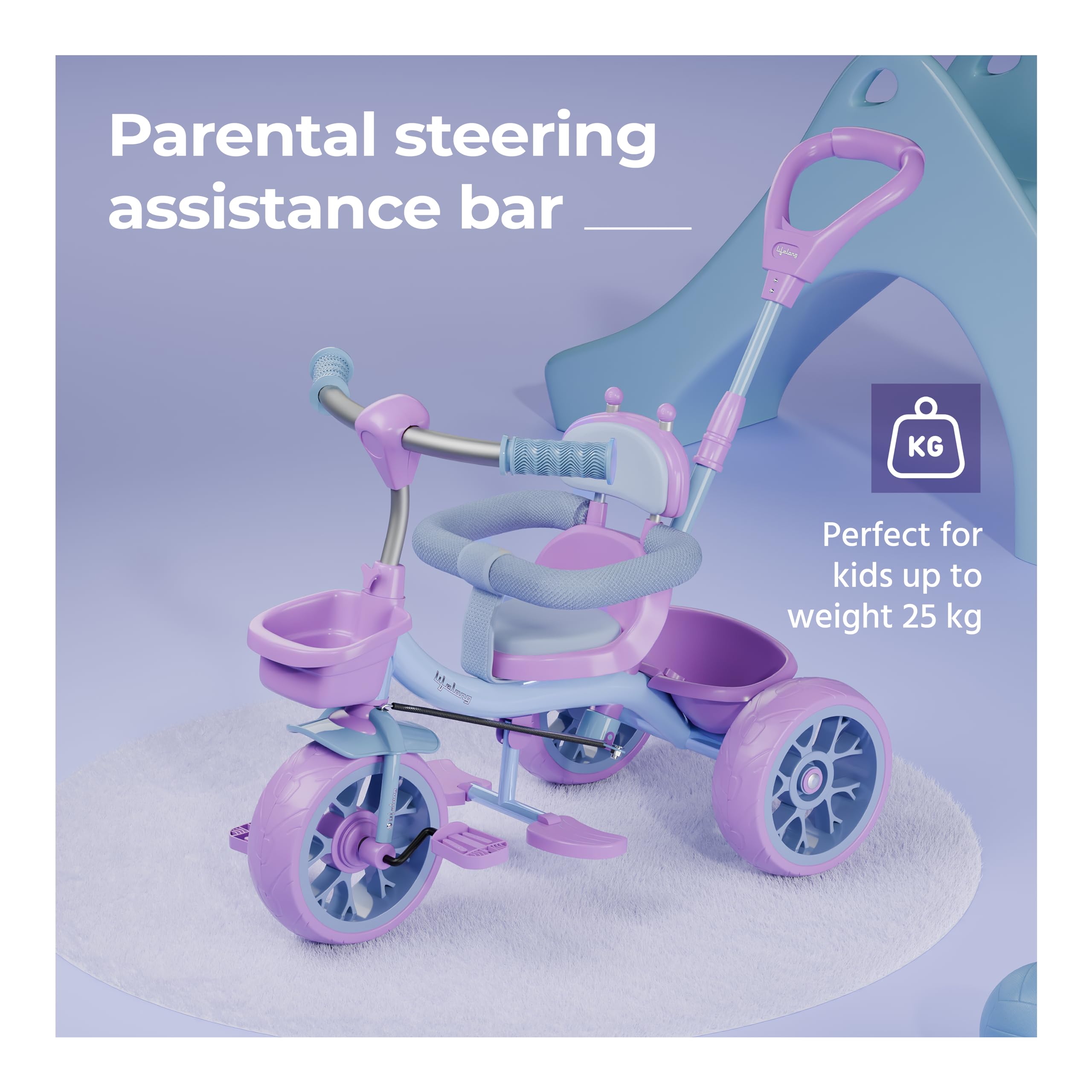 Lifelong Kids Harness Parental Control Tricycle with EVA Wheels, Bell & Storage Basket|Baby Trike|Age Group 1 Years to 4 Years Carrying Capacity Upto 25 kgs, Blue/Lavender - Image 5 thumbnail