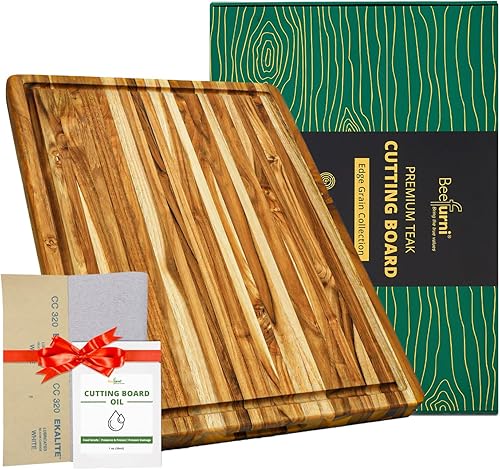 Miniatura 8 de BEEFURNI Tabla de cortar de madera de teca con agarre de mano con ranura para jugo, tablas de cortar de madera extra grandes para cocina, tabla de