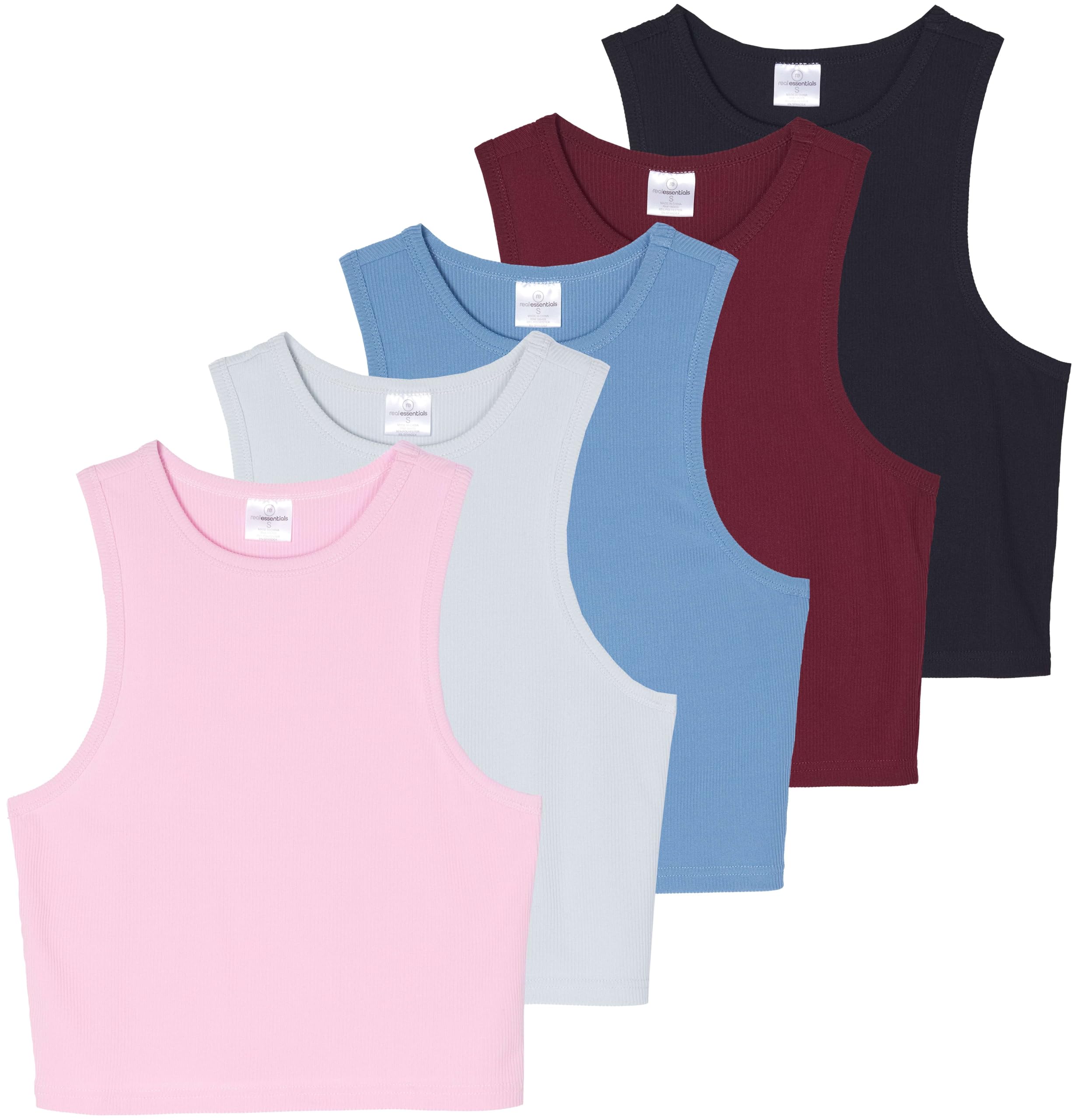 Real Essentials 5 Pack: Women’s Ribbed Crop Tank Tops Sleeveless Racerback Workout, Yoga, Athletic & Casual Shirts