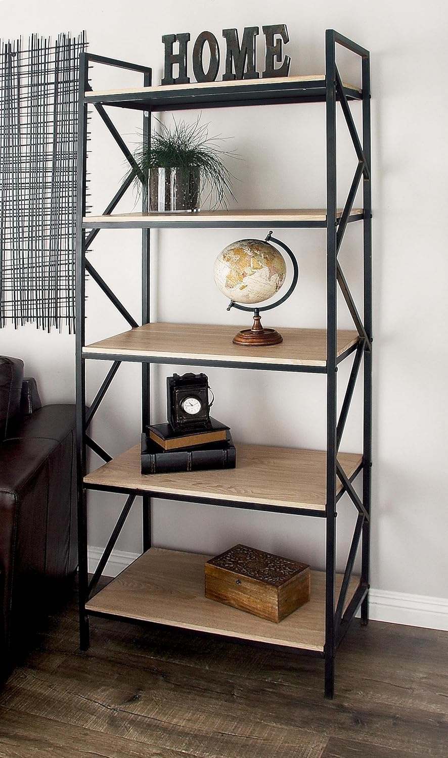 Industrial Brown Wood and Black Metal 5-Tier Étagère