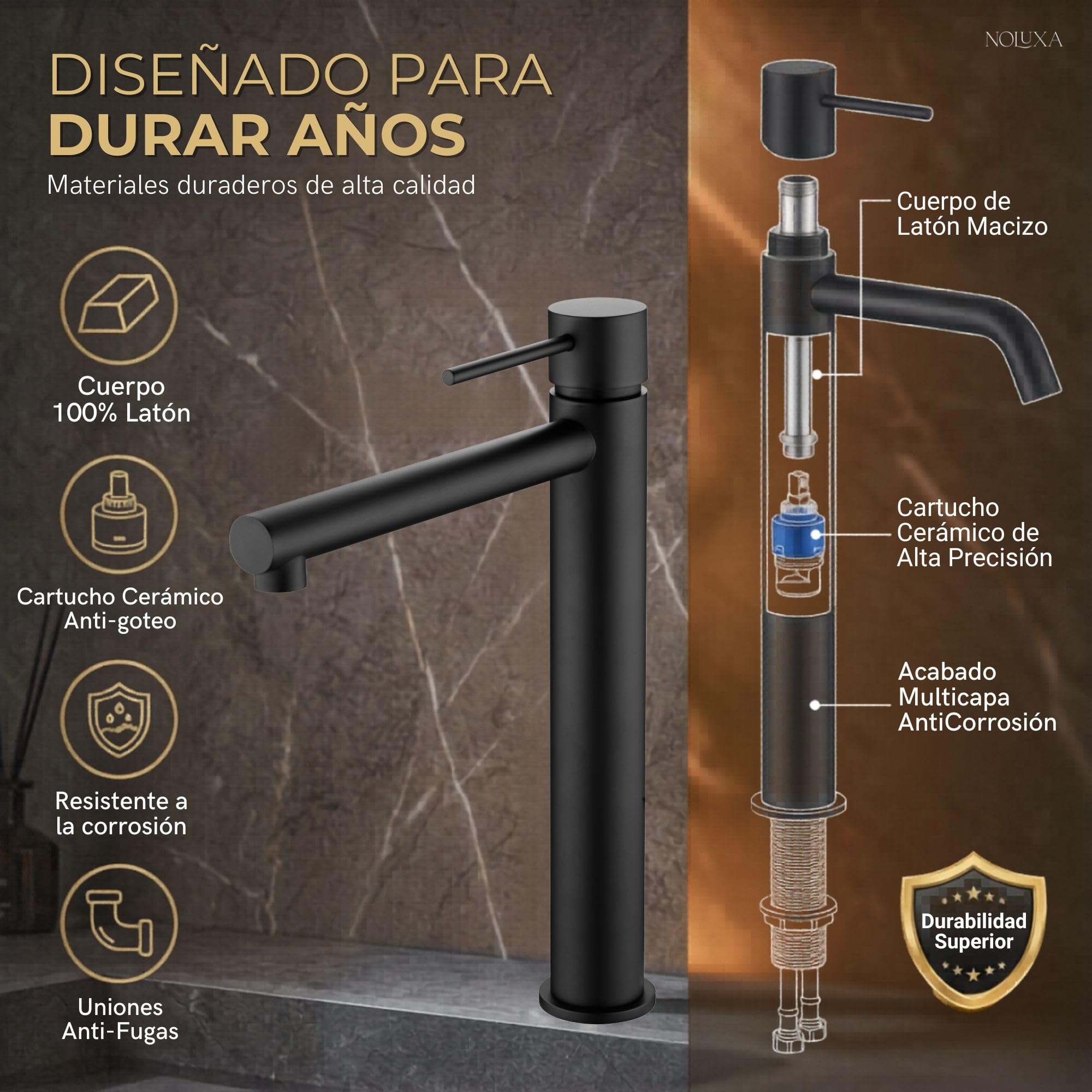 IMEX - Grifo Lavabo Negro Caño Alto | Grifo para Lavabo de Baño con Agua Fría y Caliente | Grifería Monomando Efeto Cascada con Caño de Latón | Ahorro de Agua | Serie Milos Stick | Color Negro Mate