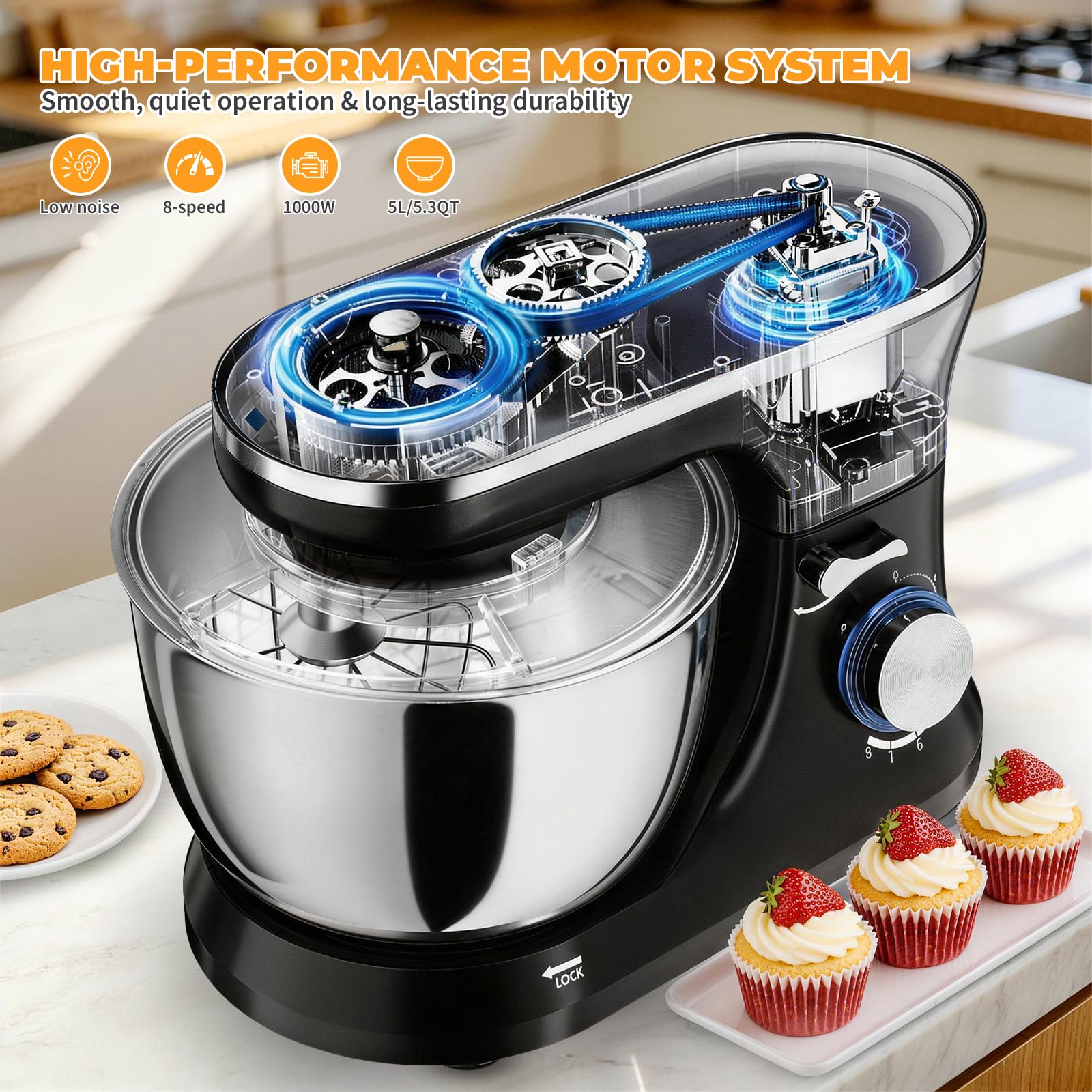 Robot Pâtissier, 1000 W, 8 Vitesses, Fonction Pulse,5L Bol Mélangeur en Acier Inoxydable,Avec fouet, Crochet Pétrisseur et Batteur Plat (Noir)