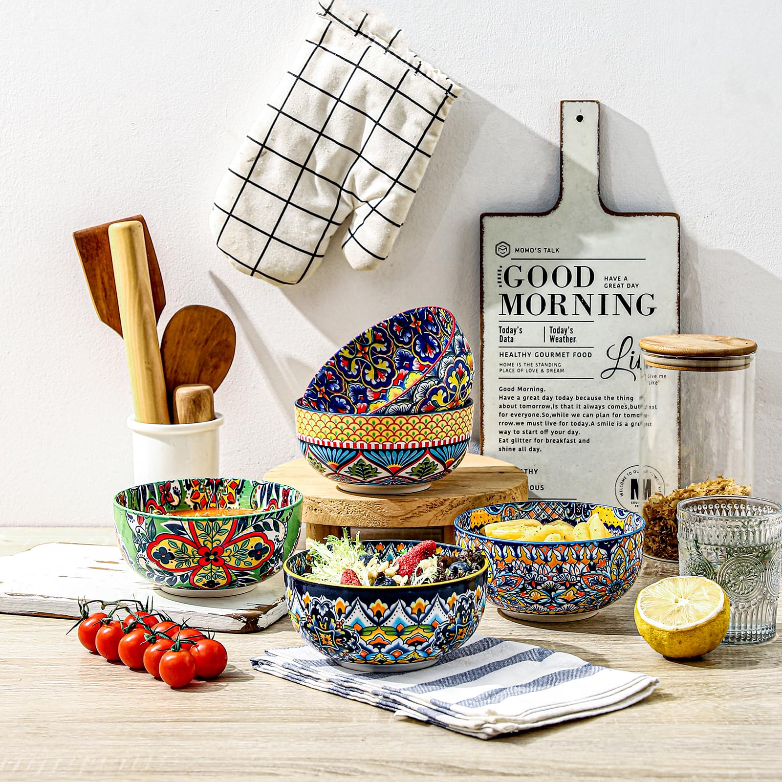 HENXFEN LEAD Ciotole per cereali in porcellana, 6 pezzi Ciotole da 850 ml per cereali, zuppe, insalate, pasta, ecc. Design floreale bohemien in 6 vivaci colori