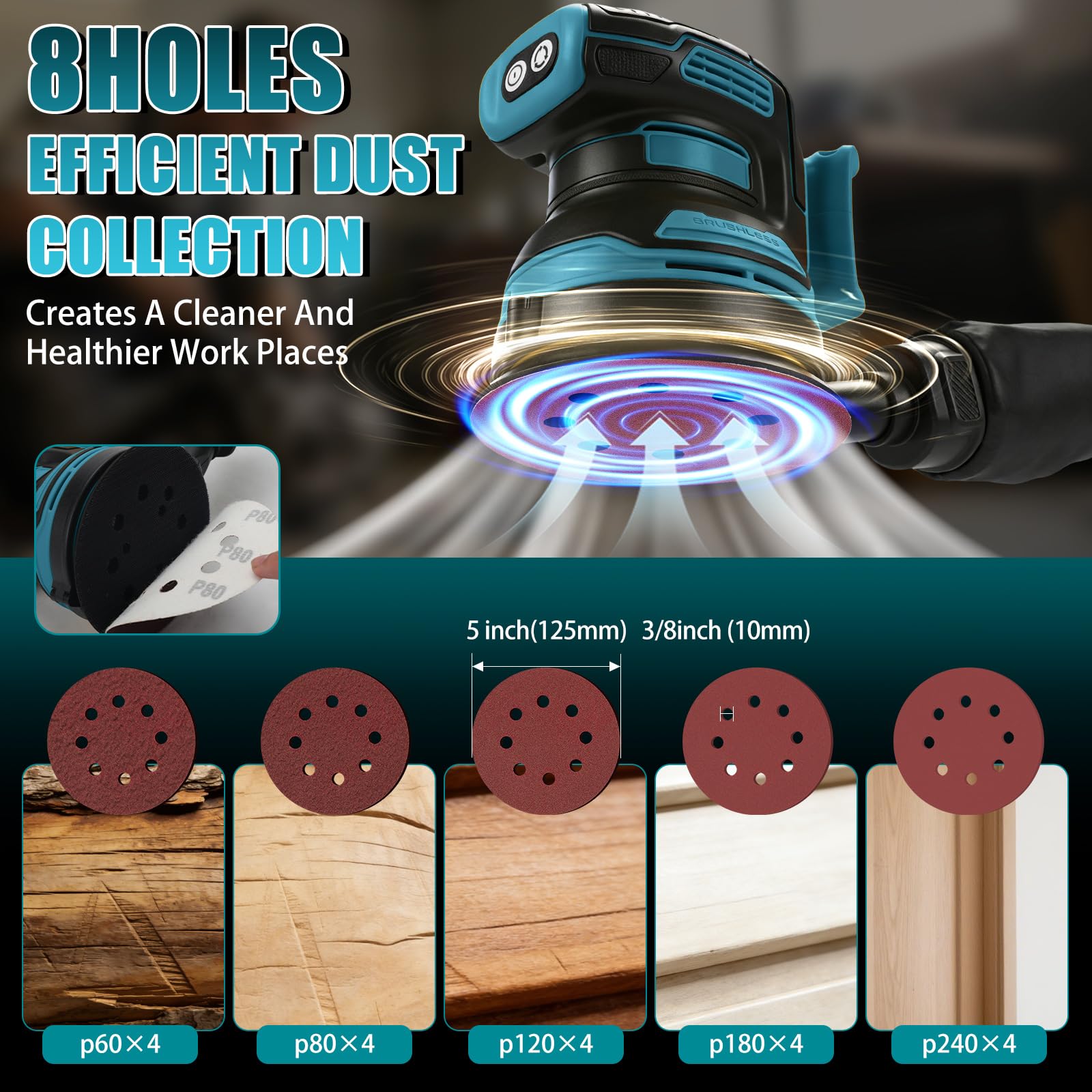 Lijadora Orbital Inalámbrica 125 mm para Makita 18V (sin Batería) | Lijadora eléctrica sin escobillas, 4000–8000 rpm, 3 velocidades, 21 hojas de lija y bolsa de polvo