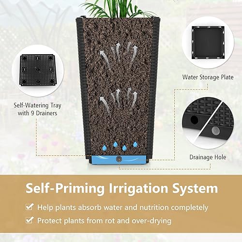 Miniatura 6 de Giantex Juego de 2 macetas de mimbre para exteriores, macetas de 22.5 pulgadas de alto con orificio de drenaje, bandeja de riego automático, macetas