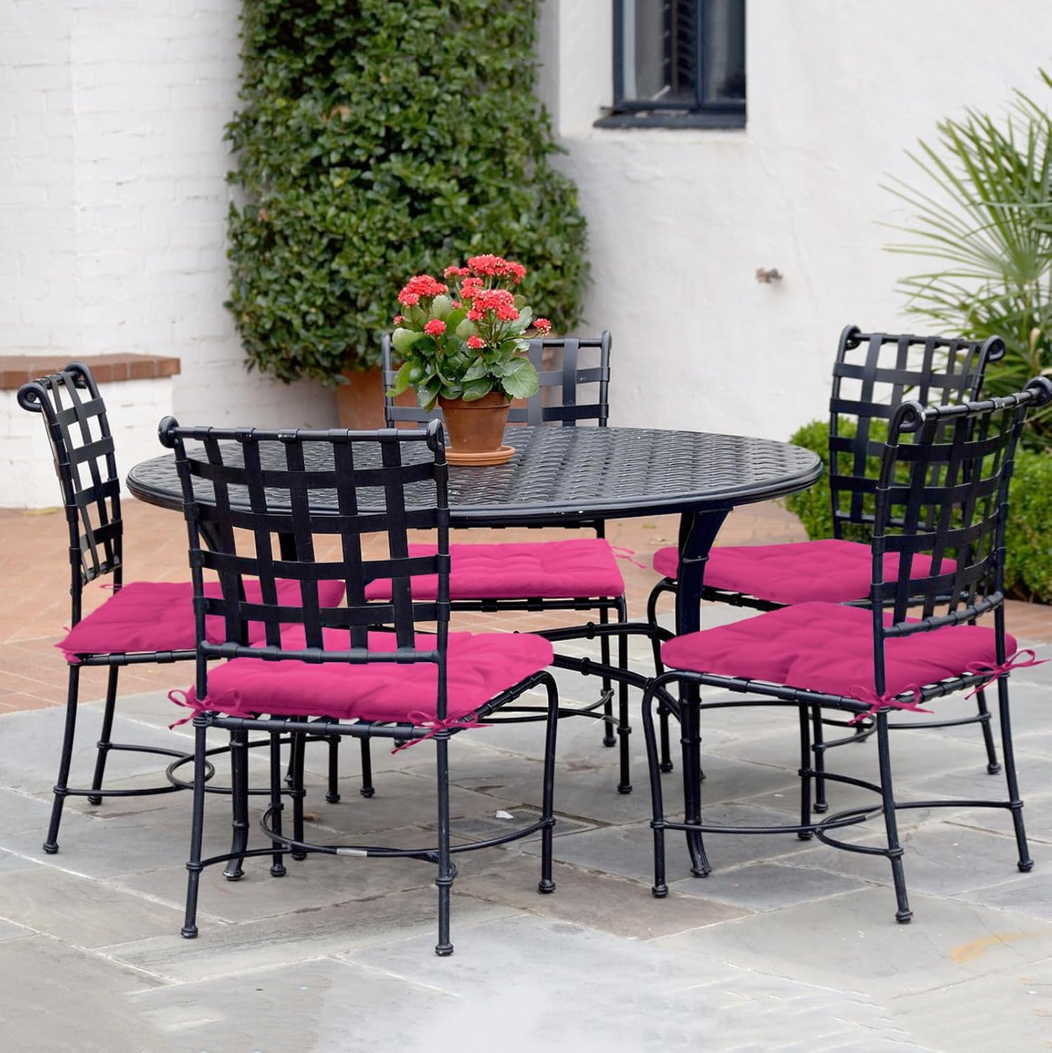 Outdoor Indoor Tufted Chair Cushions, Seat Cushions with Ties, Chair Pads Waterproof for Porch Kitchen Office Garden Hot Pink 16" x 16", Set of 2