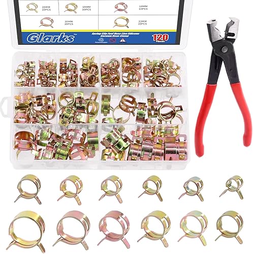 Glarks 121 clips tipo banda de resorte de 12 tamaños de 0.7 a 0.86 pulgadas, abrazadera de manguera de vacío de silicona de combustible de baja