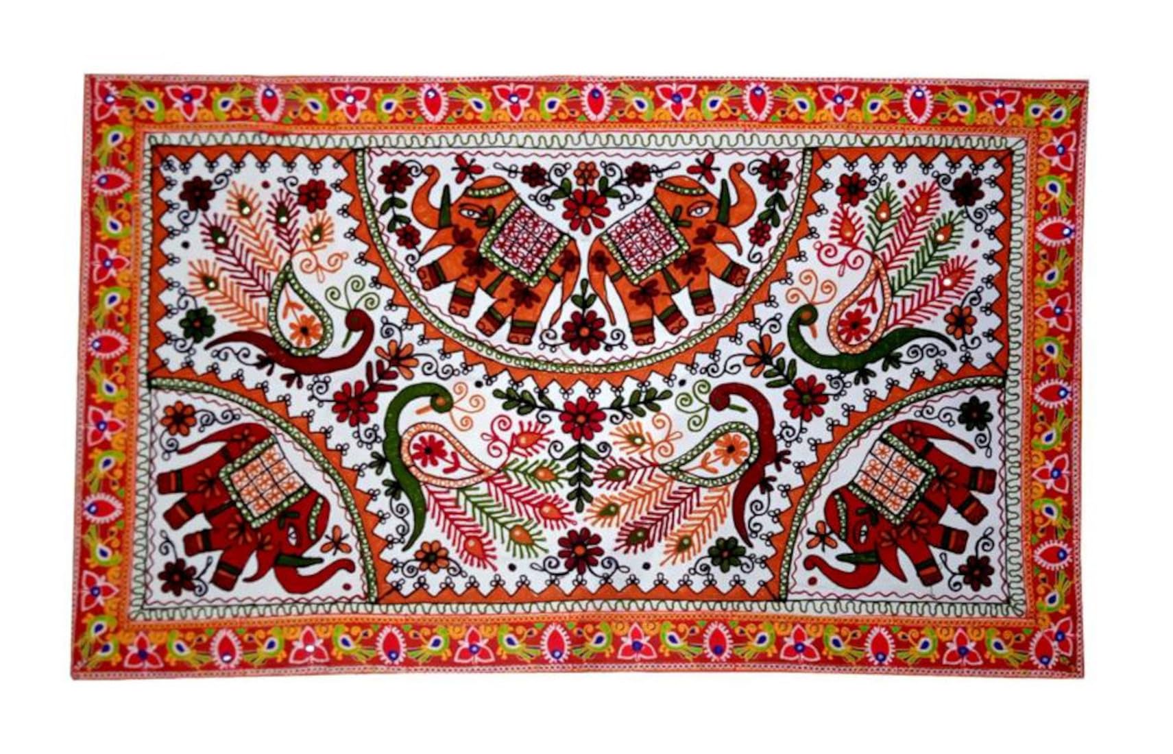 Purpledip Cotton Tapestry 'Elephant's Pride': Vintage Embroidery Table Cover Or Wall Hanging (11271A), Multicolor, 150L x 90W cm - Image 3