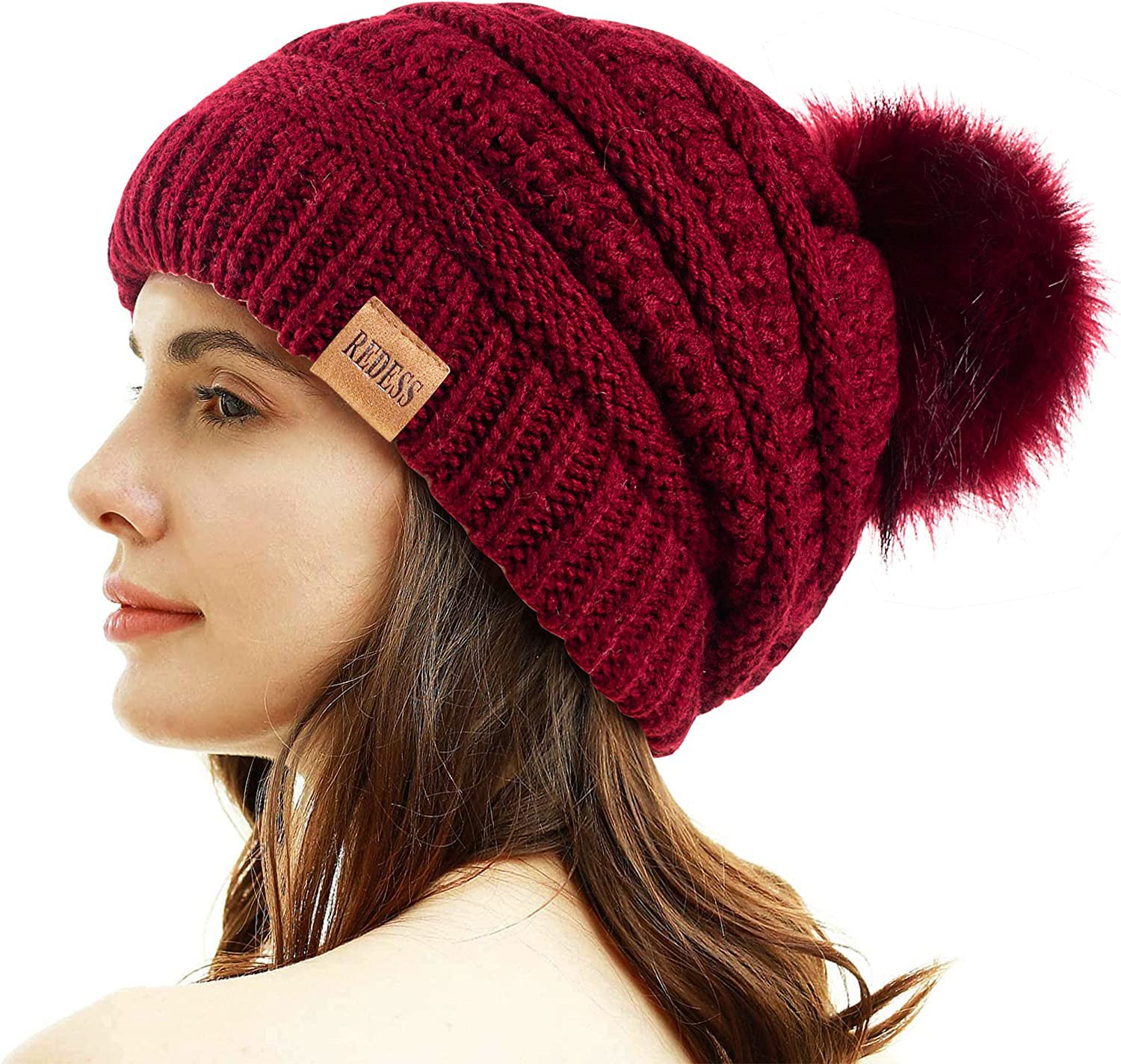 REDESS Cappello Invernale da Donna con Pom Pom Beanie Caldo Foderato in Pile Spesso Slouchy Snow Knit Chunky Baggy Skull Berretto da Sci