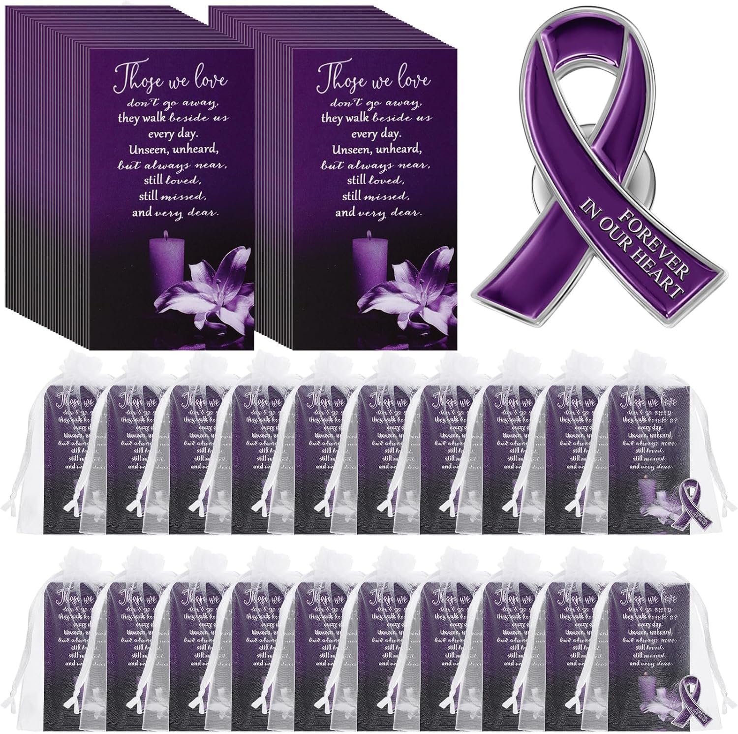 Unittype 120 Set Funeral Ribbon Pins Awareness Lapel Pin Remembrance Ribbon Brooch with Prayer Cards Organza Bags(Purple)