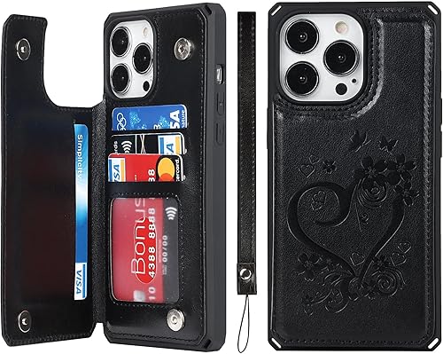 iCoverCase Funda compatible con iPhone 13 Pro Max con tarjetero para mujer, bloqueo RFID en relieve de piel sintética con correa de muñeca de 6.7