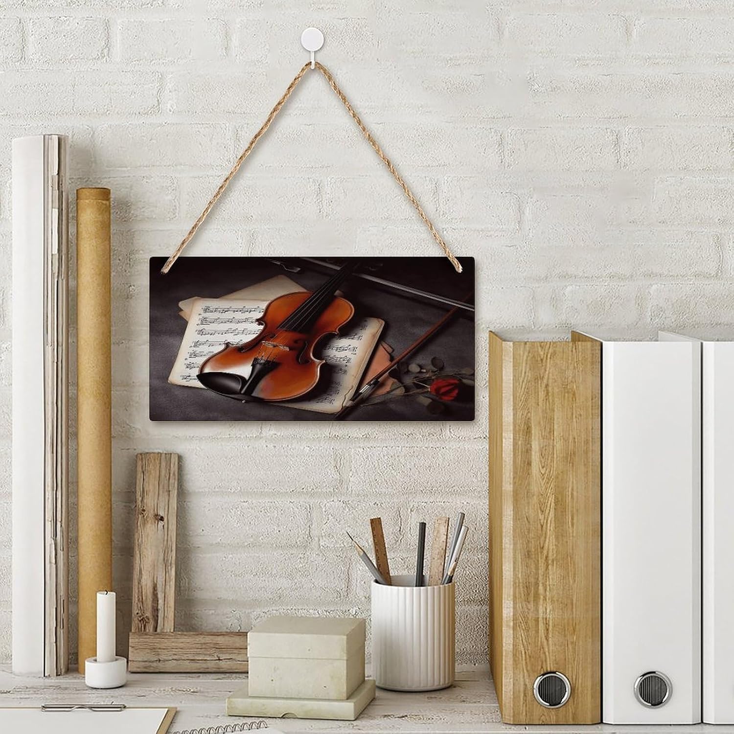 Violin Sheet Music Hanging Wood Sign Wooden Slices Banners with Ropes Personalized Rectangle Decorative Wooden Plaque Sign Wall Art for Garden Yard Home Farmhouse 9.8"x4.9" image 3