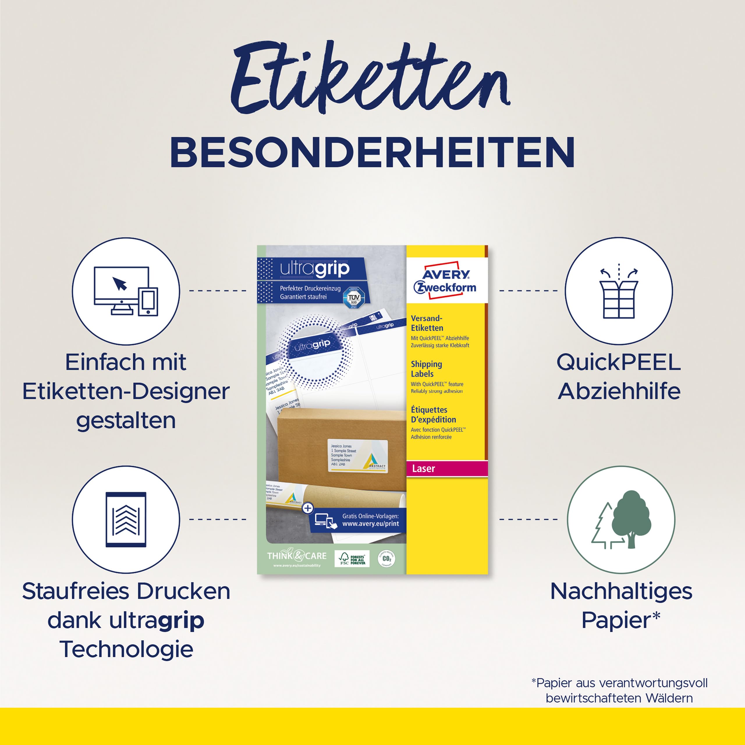 AVERY Zweckform L7165-100 Versandetiketten/Versandaufkleber (800 Etiketten mit ultragrip, 99,1x67,7mm auf A4, bedruckbar, selbstklebend, für DIN B4/C4 Umschläge und Versandrollen) 100 Blatt, weiß