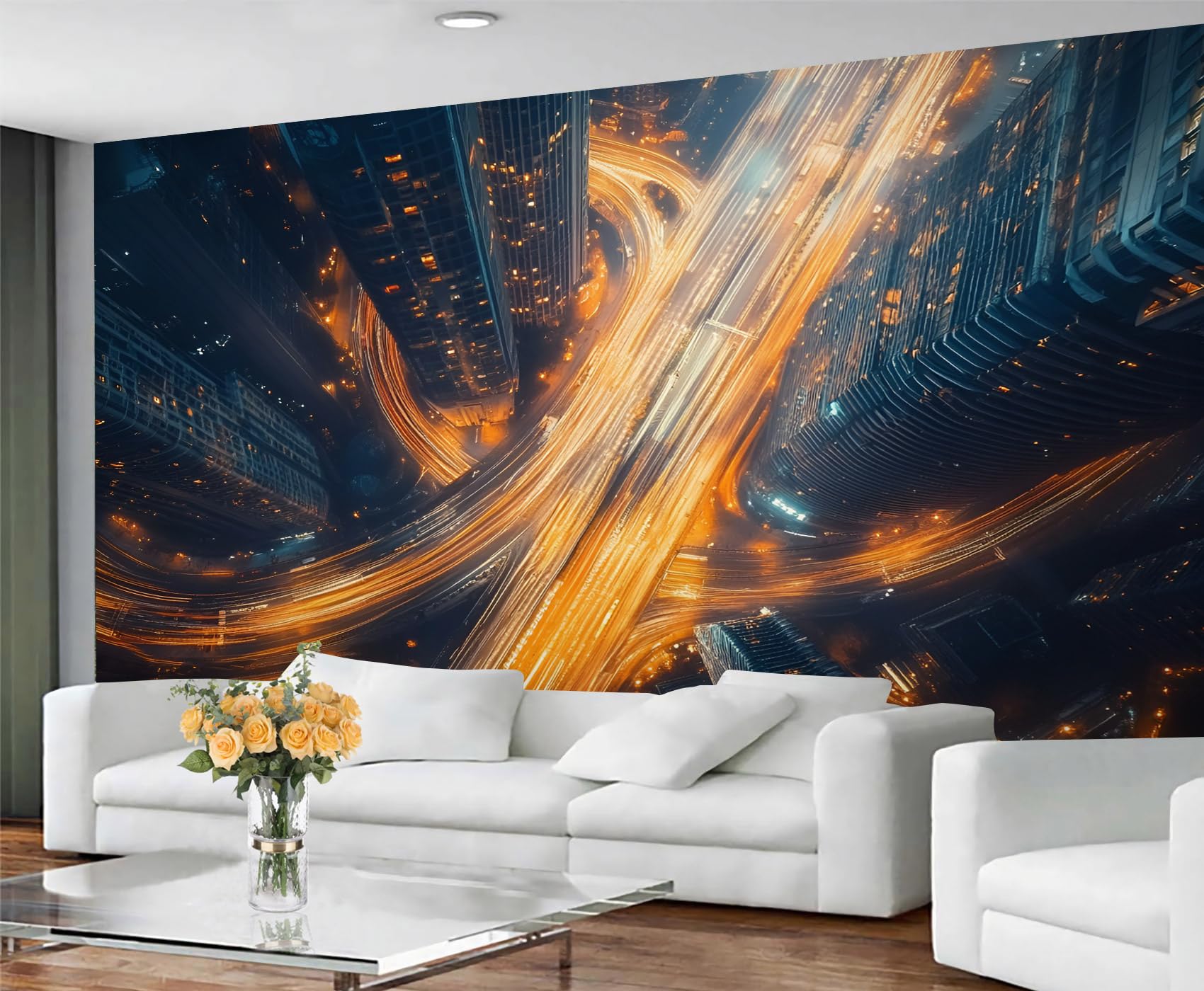 GIVLWF City Night Traffic Wallpaper, Aerial View Wallpaper for Living Room, Skyscrapers Bedroom Wall Paper, Urban Scene Wall Mural & Home Decor, Non Self Adhesive