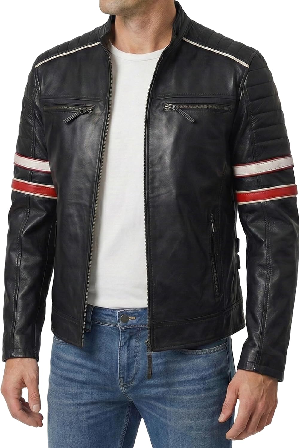 Decrum Real Leather Jacket Men - Cafe Racer Style Casual Lambskin Mens Leather Jacket