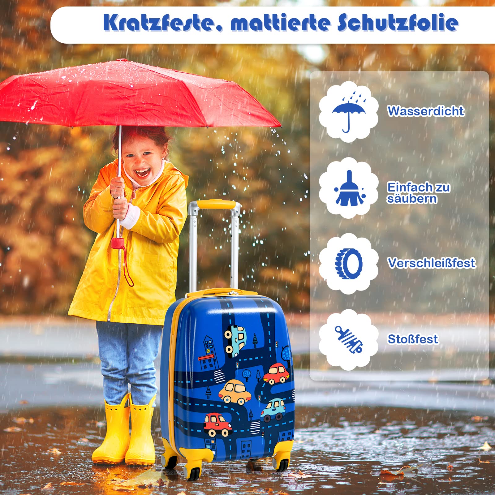 GOPLUS Kinderkoffer mit Rucksack, Kids Trolley, Kindergepäck mit Rollen, Reisekoffer mit Teleskopgriff, Hartschalenkoffer für Kinder, Kindertrolley Farbwahl (Cartoon-Auto, 12"+18")