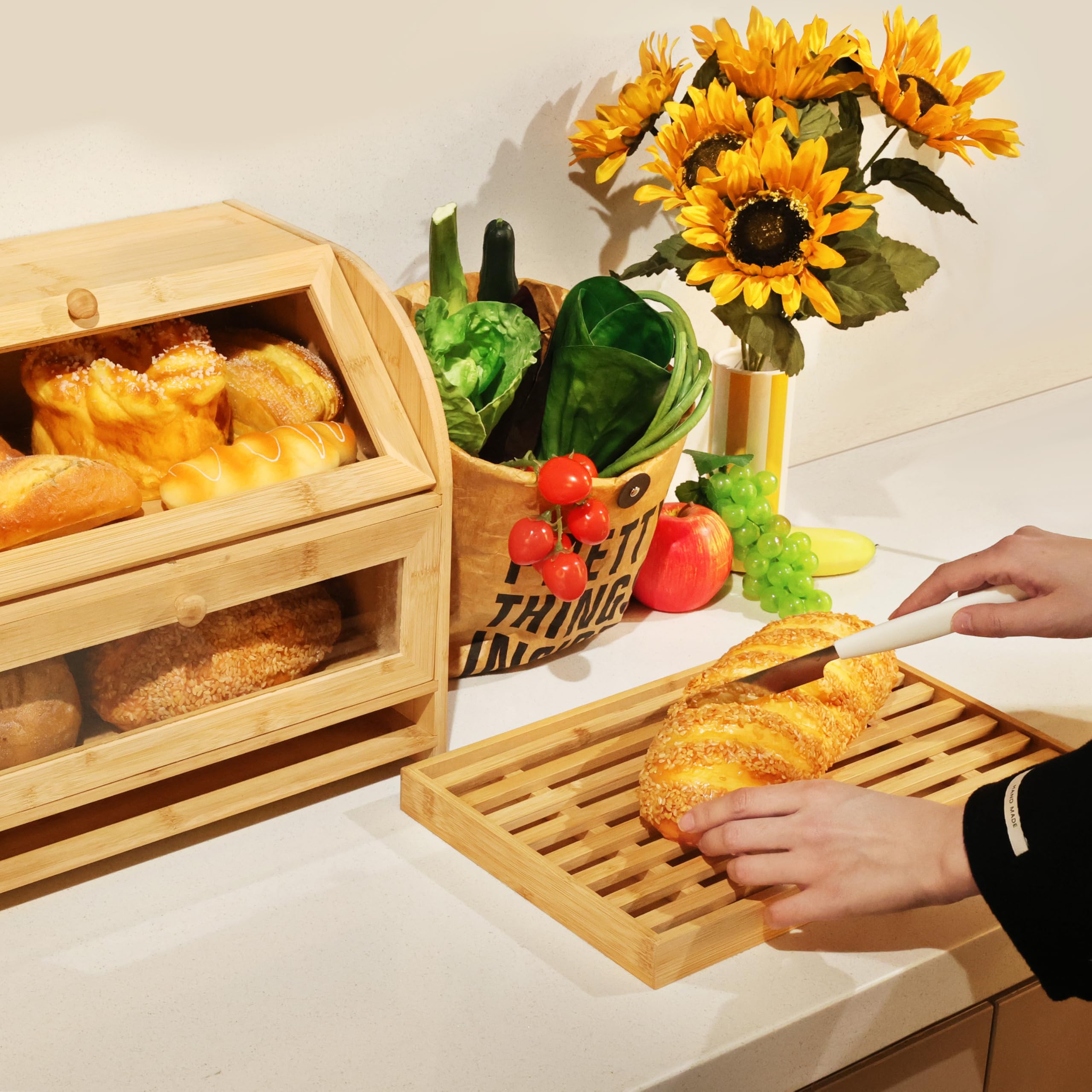 Ribelli Bambus Brotkasten mit 2 Etagen und Schublade, Großer Brotbehälter mit Brotschneidebrett, Holz Brotbox mit Deckel, Lebensmittelecht Brotaufbewahrung