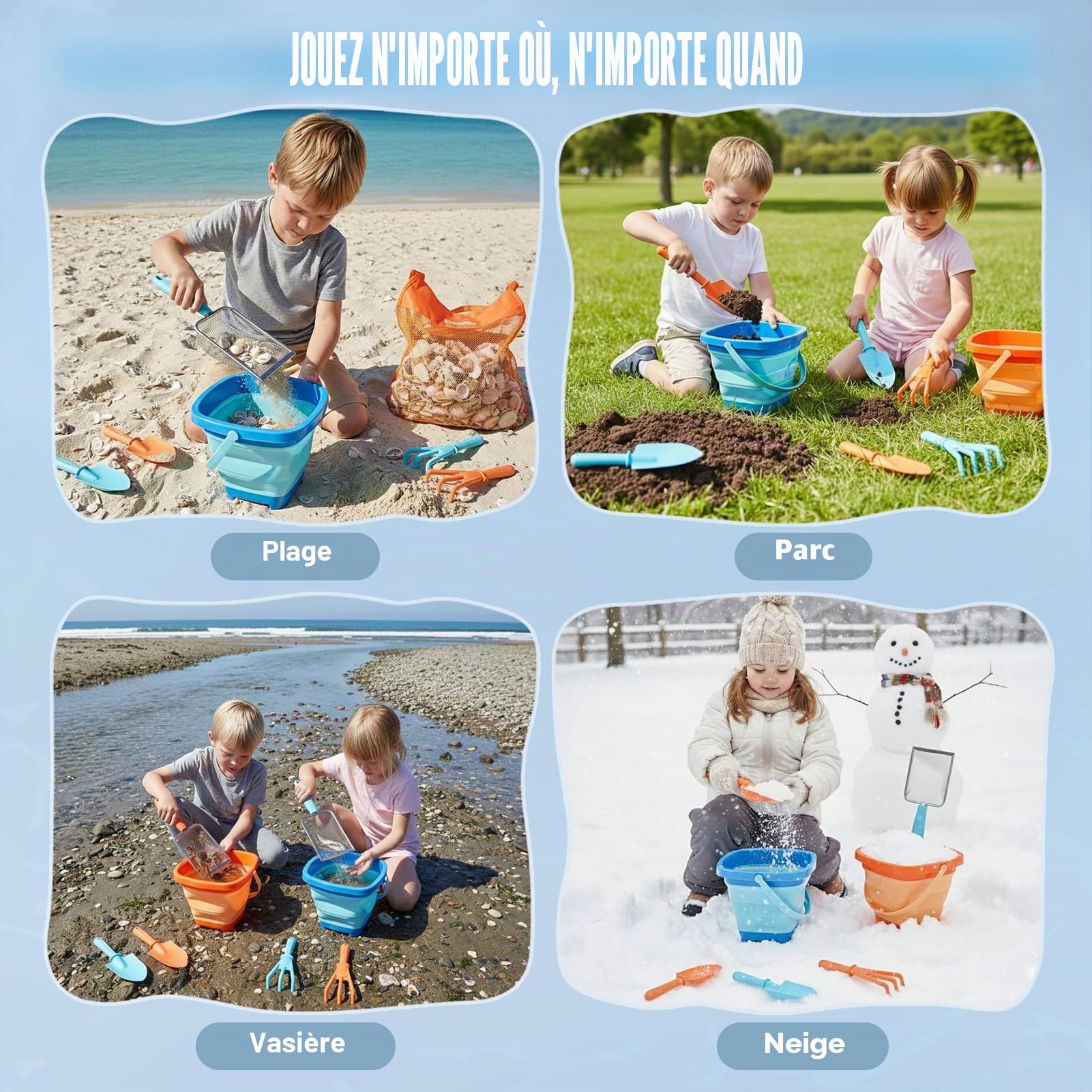 Dreamon Jouets de Plage pour Enfants 3 4 5 Ans Garçons Filles Jouet de Plage Comprend Un Seau Pliable Sac en Filet Tamis à Sable Pelle Râteau pour Les Jeux D'extérieur
