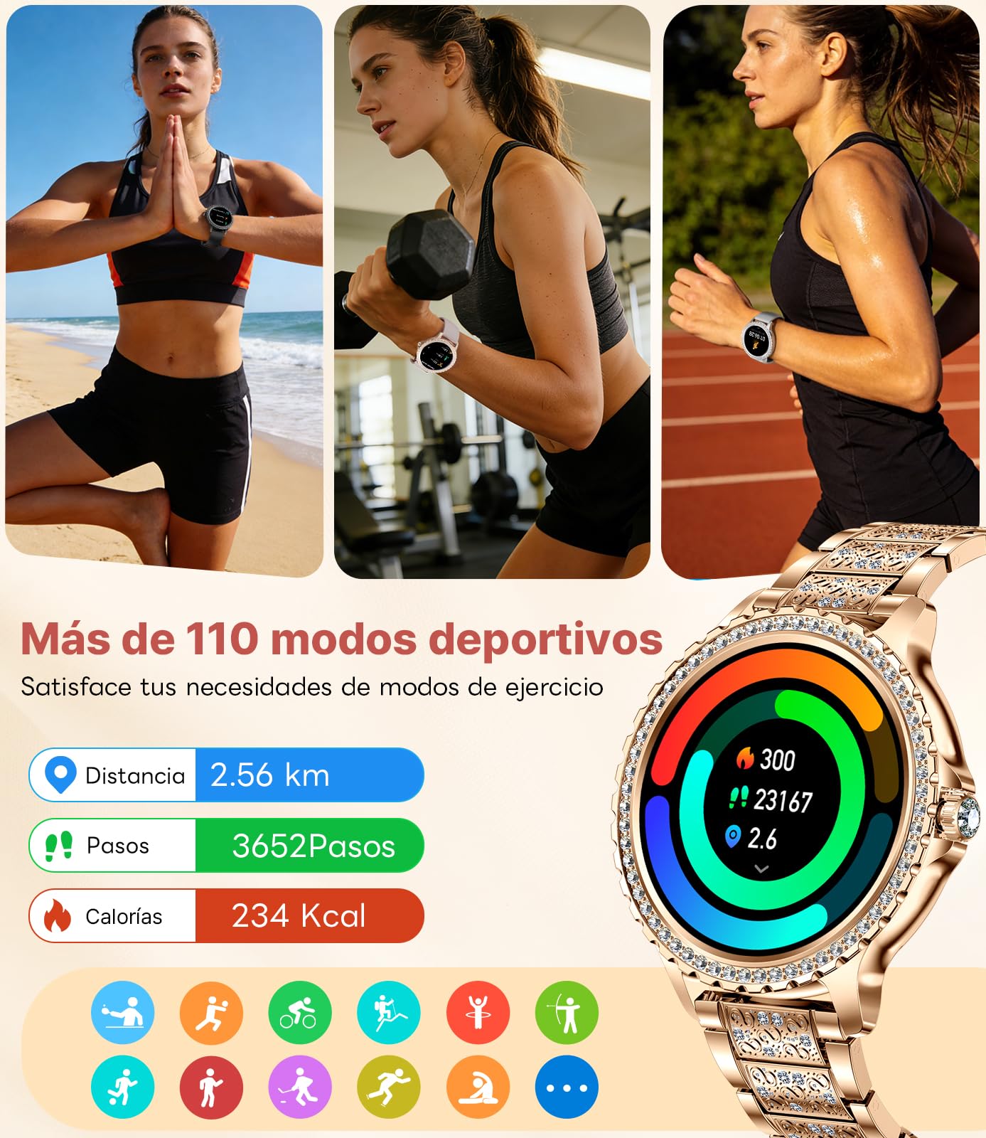 LIGE Reloj Inteligente Mujer, 1.32" Diamante Smartwatch, Oro Rosa | 500+ Esfera, A prueba de agua IP68, 100+ Deportes, Monitor de Sueño, Podómetro, Llamada Bluetooth, Correa de Acero Inoxidable