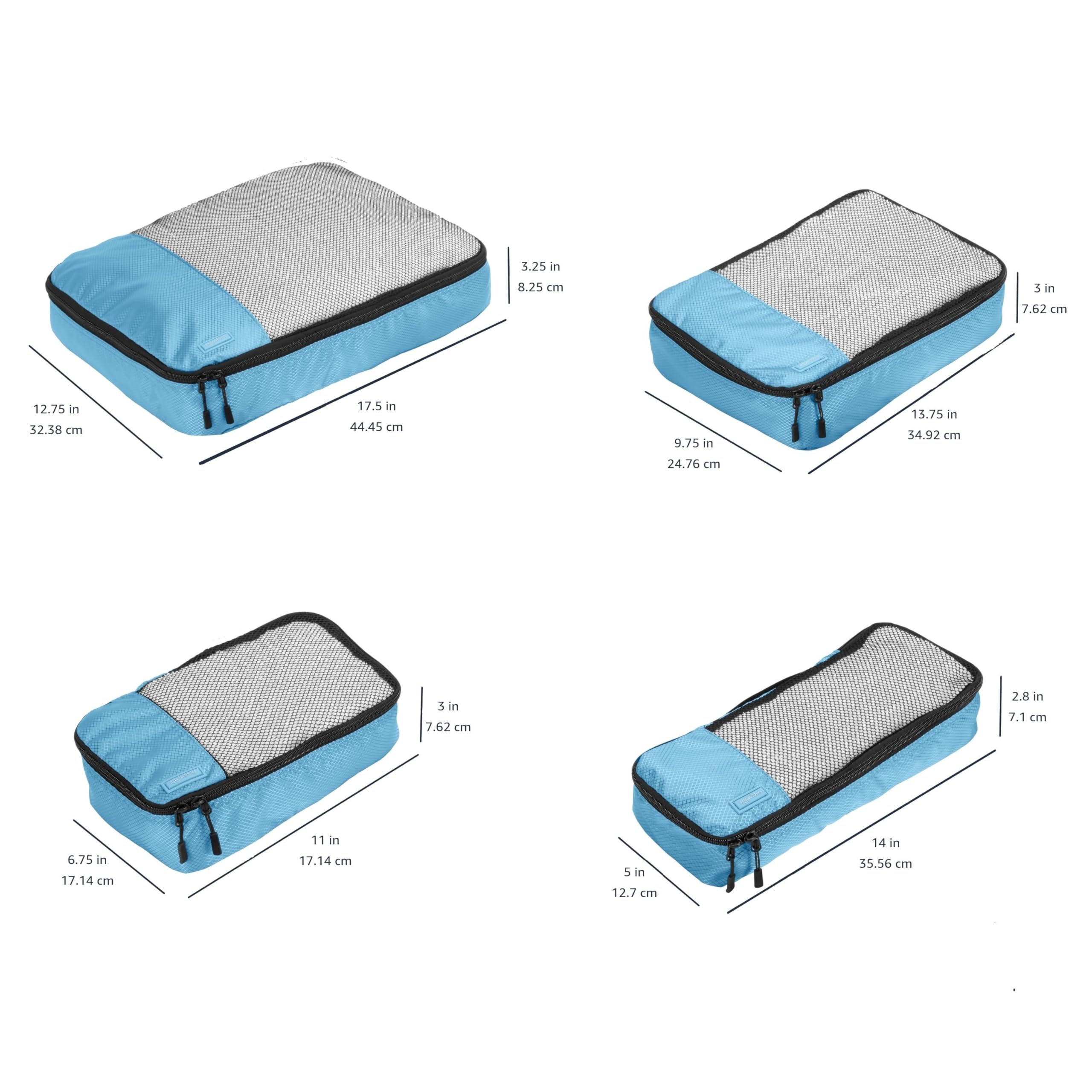 Amazon Basics Organizer da Viaggio Salvaspazio per Valigie, con Cerniera, Set da 4 Pezzi, Grande/Medio/Piccolo/Sottile, Blu Cielo