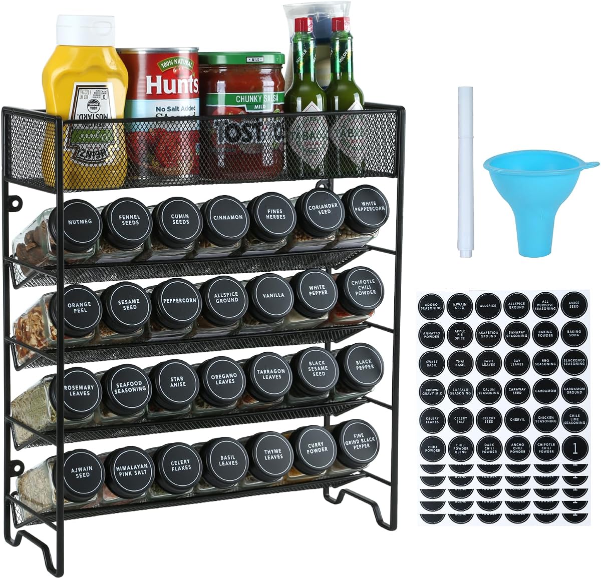 Skiileor Spice Rack Organizer with 28 Spice Jars, Black Lids, Spice Labels | Chalk pen and Funnel Set for Cabinet, Countertop, Pantry, Cupboard or Wall Mount