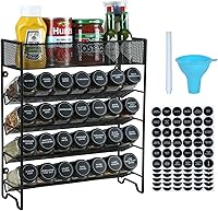 Skiileor 5-Tier Spice Rack Organizer with 28 Glass Jars, Black Lids, Waterproof Labels, Chalk Marker & Funnel - Cabinet, Countertop, Wall Mount