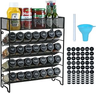 Skiileor 5-Tier Spice Rack Organizer with 28 Glass Jars, Black Lids, Waterproof Labels, Chalk Marker & Funnel - Cabinet, Countertop, Wall Mount
