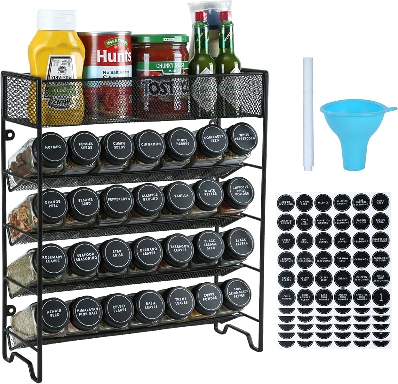 Skiileor Spice Rack Organizer with 28 Spice Jars, Black Lids, Spice Labels | Chalk pen and Funnel Set for Cabinet, Countertop, Pantry, Cupboard or Wall Mount