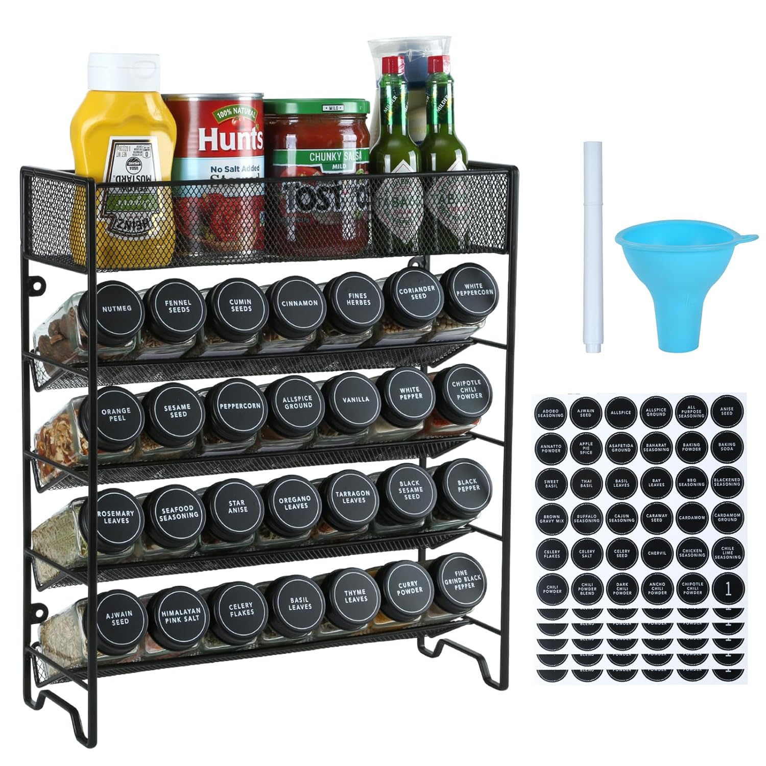 Spice Rack Organizer with 28 Spice Jars Black Lids Spice Labels Chalk pen and Funnel Set for Cabinet