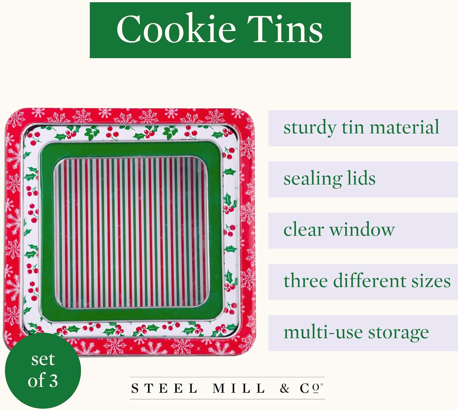 Steel Mill & Co Square Tin Containers with Lids, 3 Pack Christmas Cookie Tins, Festive Cookie Tins for Gift Giving & Holiday Treats, Metal Box Nesting Containers, Large Medium Small, Snowflake