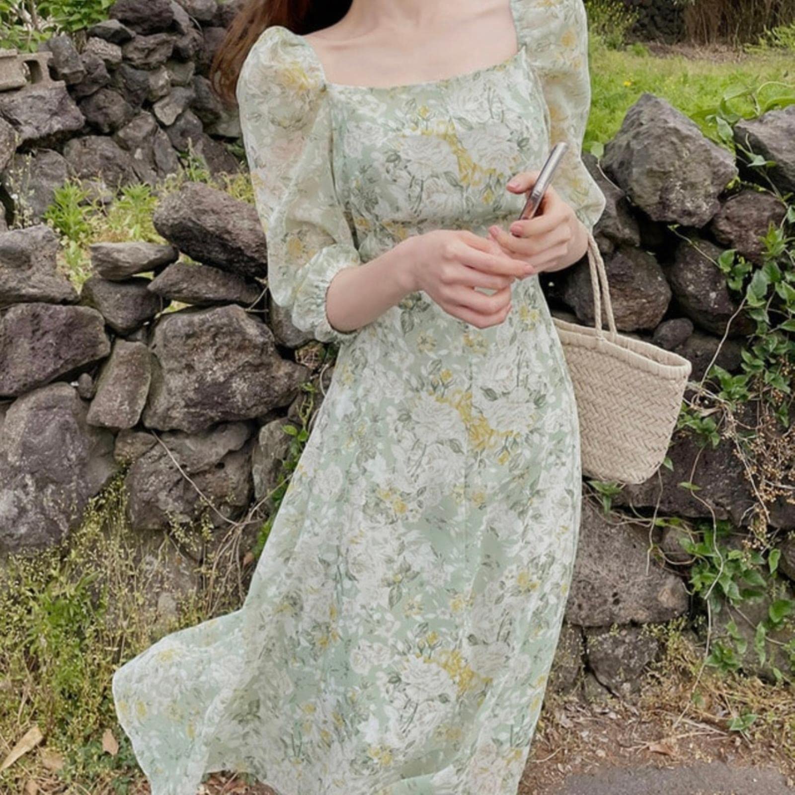 CHOUX Korean version of temperament self-cultivation high waist square neck  floral chiffon dress women's short sleeve fashion-photo,XL : Amazon.co.uk:  ...
