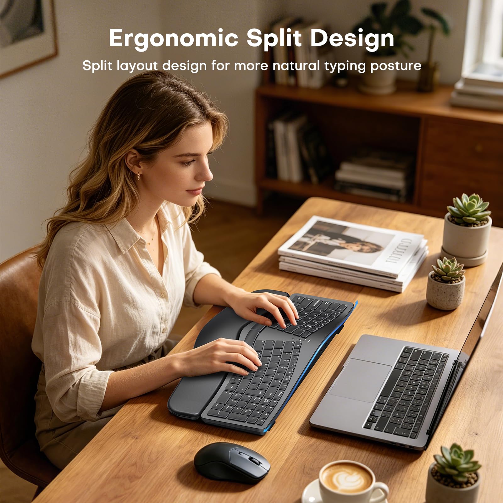 MOKURU Tastiera ergonomica senza fili, tastiera divisa con poggiapolsi, tastiera per computer BT 2,4 G, compatibile con Windows, Mac OS, PC/laptop (nero)