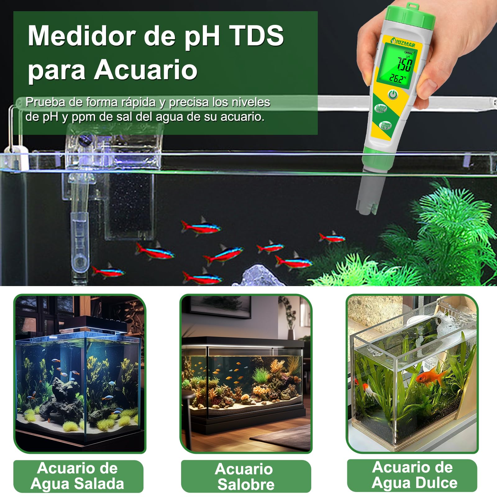 UIUZMAR Medidor de pH y Sal Piscina Salina, Test de Salinidad para Piscinas, Pantalla Digital 5 en 1, Medidor de pH TDS EC Salinidad Temperatura Para Piscina, Hidropónico, Acuario, Agua Potable, Spa